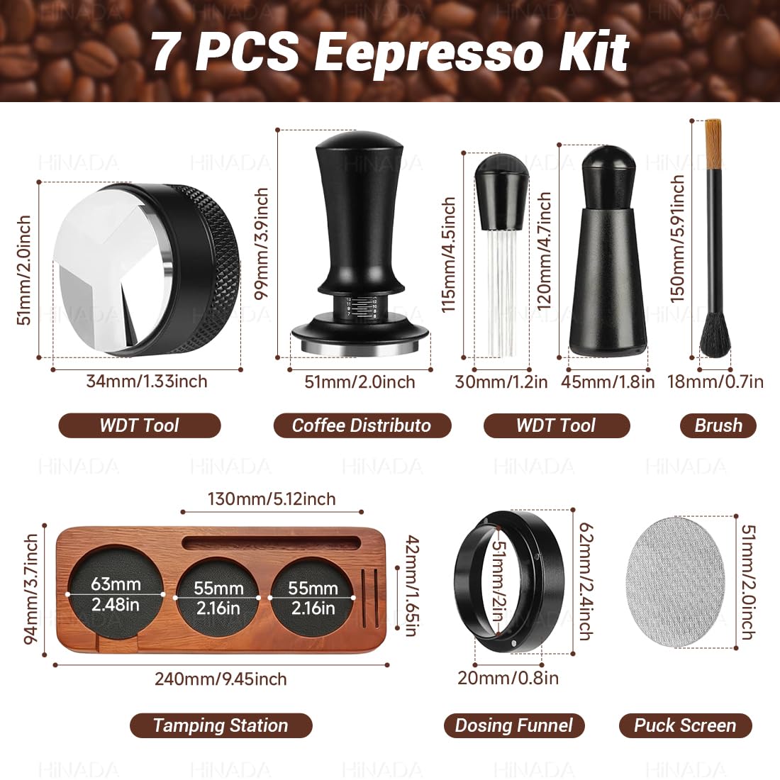 HiNADA Kit d’Accessoires pour Espresso, Tasseur à Café 51 mm avec Support de Tassage, Niveleur, Outil WDT, Anneau Doseur, Brosse de Nettoyage, Filtre à Café (51 mm)