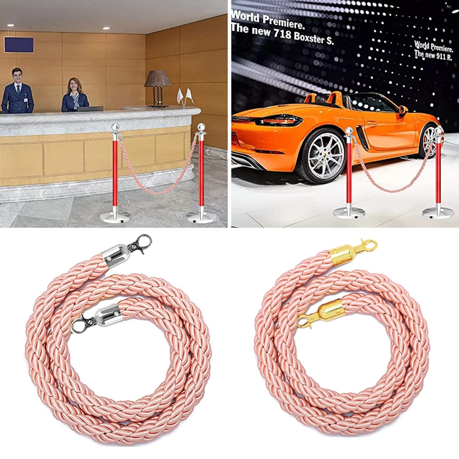 Generico Barriera di Sicurezza con paletti e Ganci in Oro Rosa - Corda in Canapa da 1,5 m per Il Controllo della Folla, Linea di Sicurezza per paletti, Chiusura a Scatto Lucida, Soluzione Durevole PE