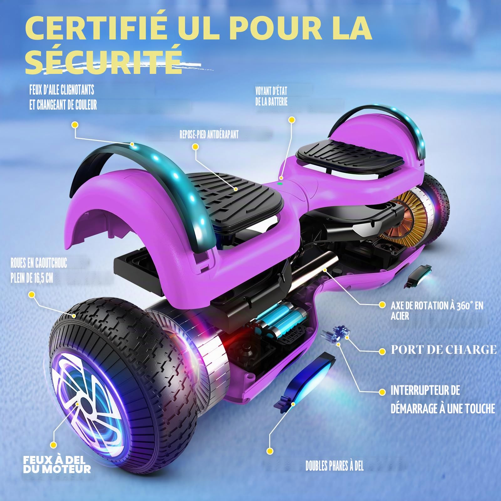 SISIGAD 6,5 pouces Scooter, hoverboard auto-équilibré avec haut-parleur Bluetooth et éclairage LED
