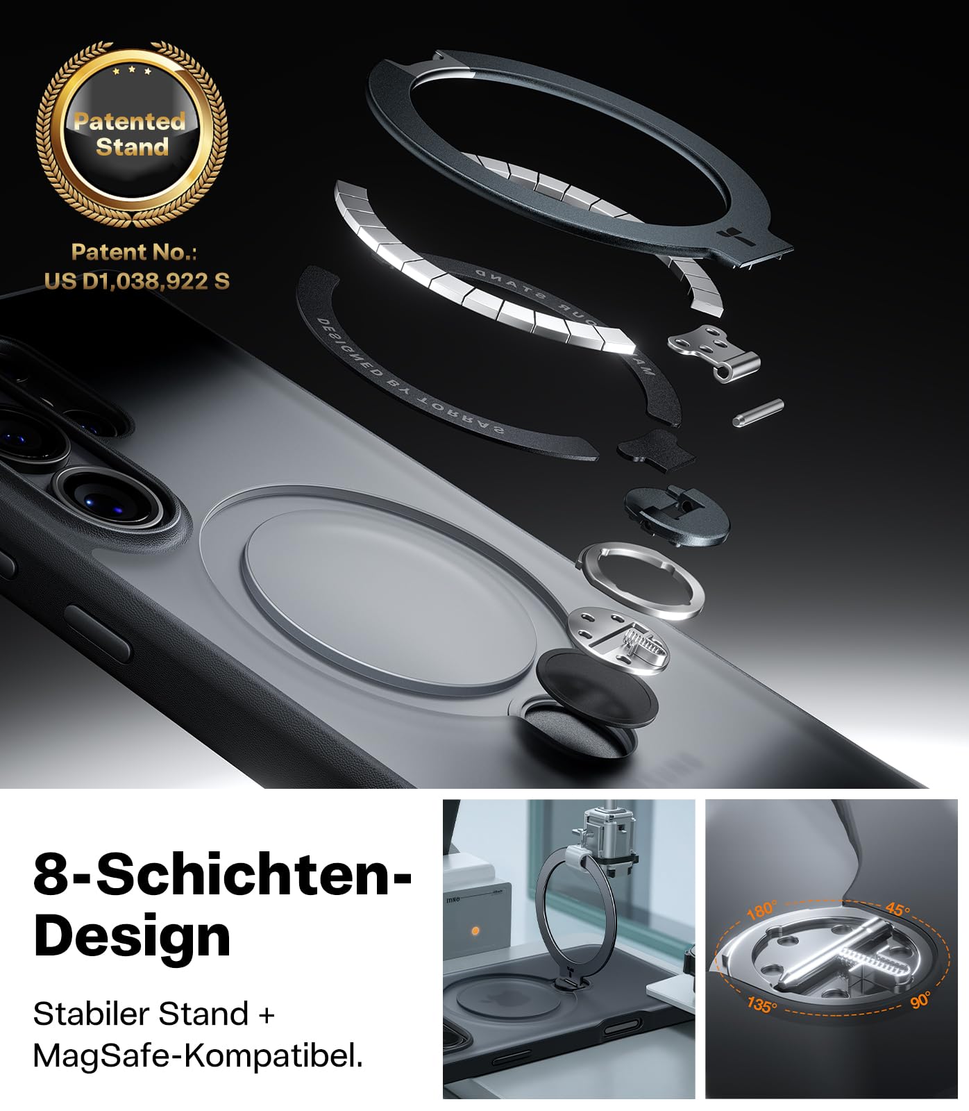 TORRAS Ostand Q3 Spin für Samsung Galaxy S26 Hülle (360° Langlebig Ständer für Magsafe) TOP Militärschutz Stoßfest Kratzfeste Dünn Super Haptik Matt Handyhülle Samsung S26 Case Schutzhülle Schwarz