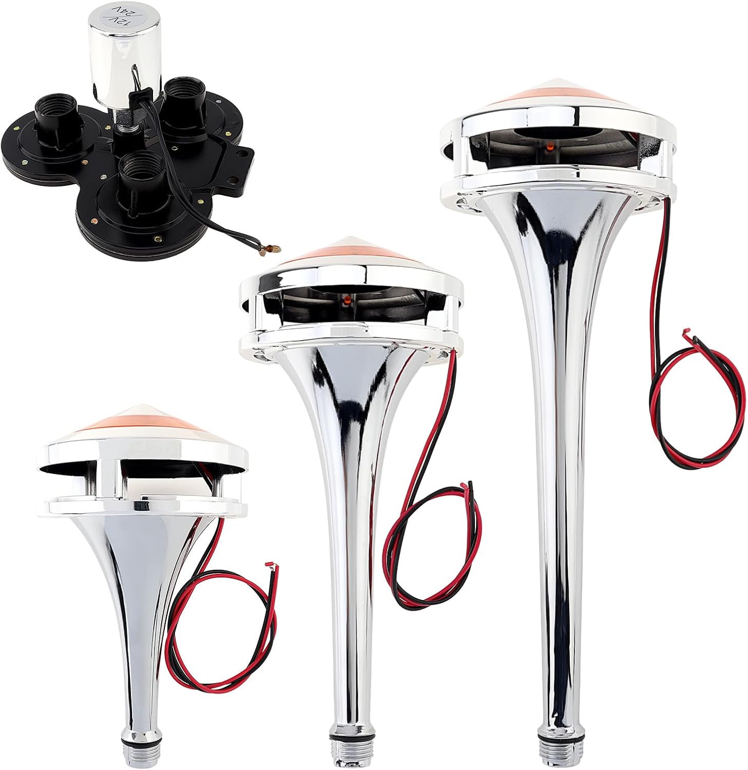 Air Horn for Truck Car, 12V / 24V Triple Trumpet 300DB Super Loud Chrome Plated Air Horn Kit for Any Vehicles Trucks Motorcycle Pickup Trains Cars Boats with LED Light