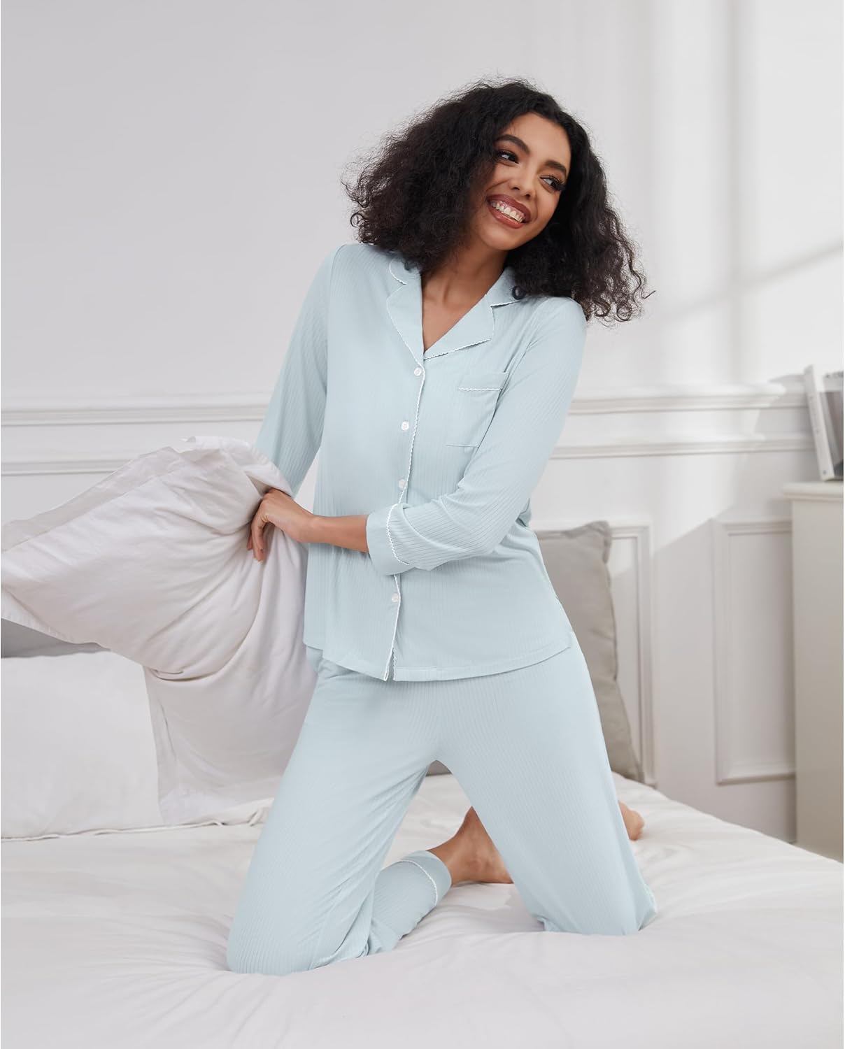 WiWi Pajamas for Women Bamboo Viscose Soft Ribbed Sleepwear Button Down Top and Pants 2 Piece Loungewear S-XXL - Image 2