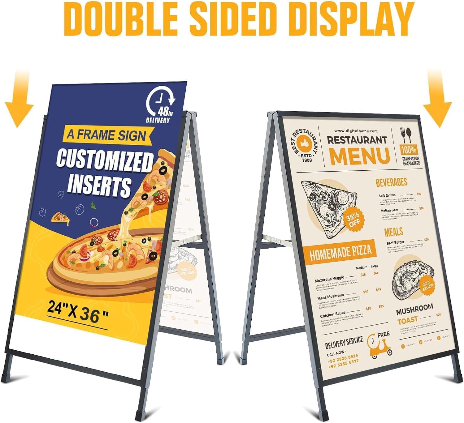 A Frame Sign Sandwich Board 24x36 Inch, Portable Frame No Assembly Required, Ready to Use, Heavy Duty Slide-in Folding Frames Outdoor Sign Holder for Businesses (Only frame)