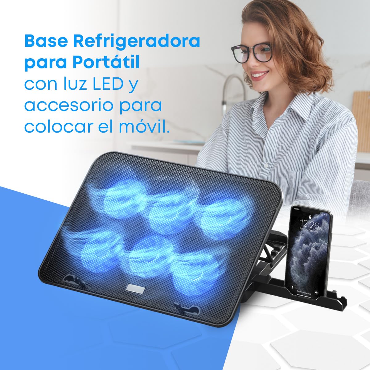 NK Laptop Refrigerator Base - 12 - 17 Inch Laptop Fan with 5 Height Adjustable Stand, 6 Silent Fans, 2 USB Ports, Quick Cooling, Blue LED Light - Black - 1