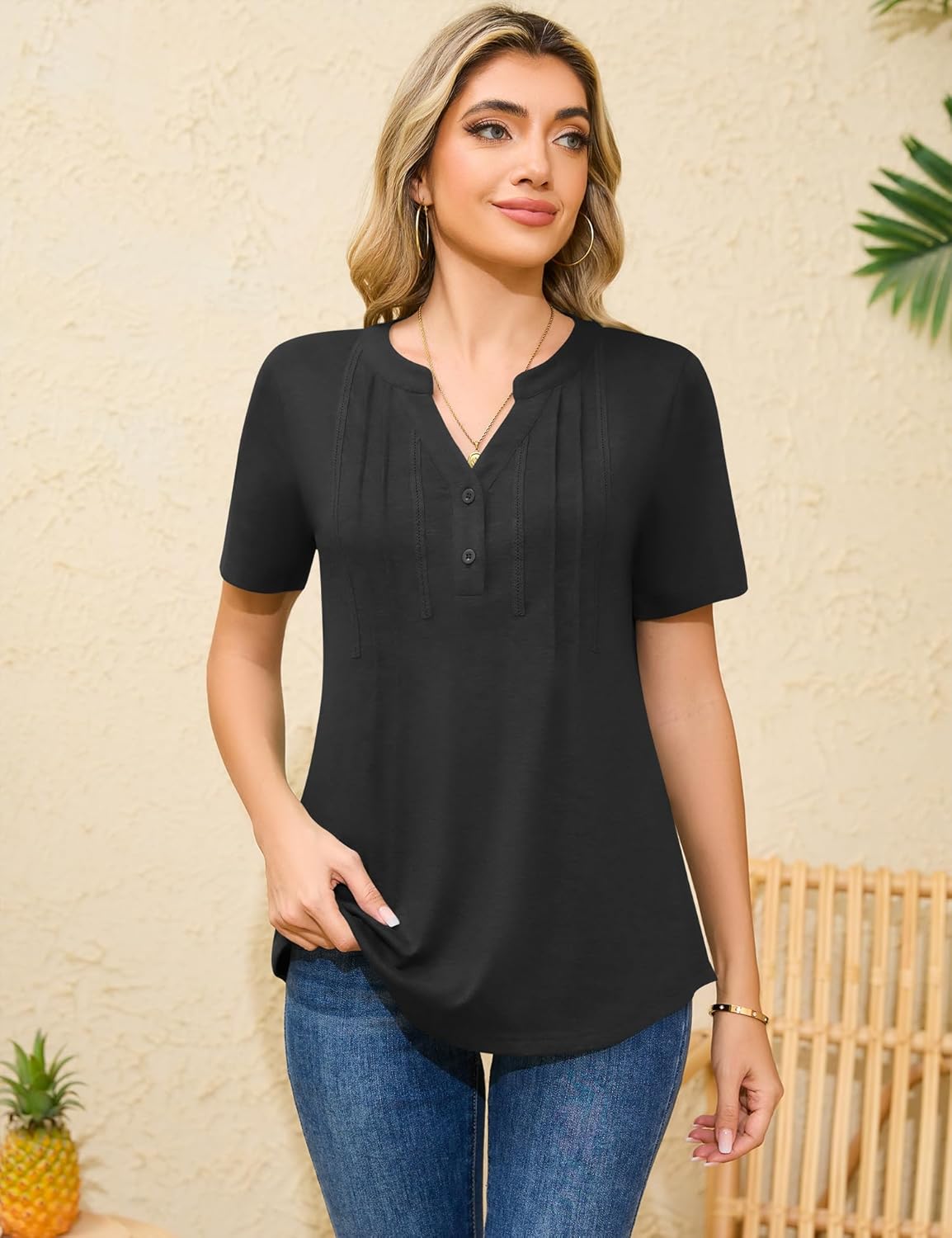 Rapbin Short Sleeve Shirts for Women Pleated V Neck Lace Blouses Dressy Casual Elegant Tops Loose peasant Summer T-Shirts - Image 4