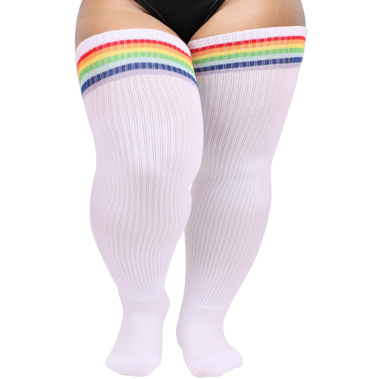 DRESHOW Plus Size Thigh High Socks Striped Over Knee High Tube Socks Long Boot Stockings Leg Warmers for Women