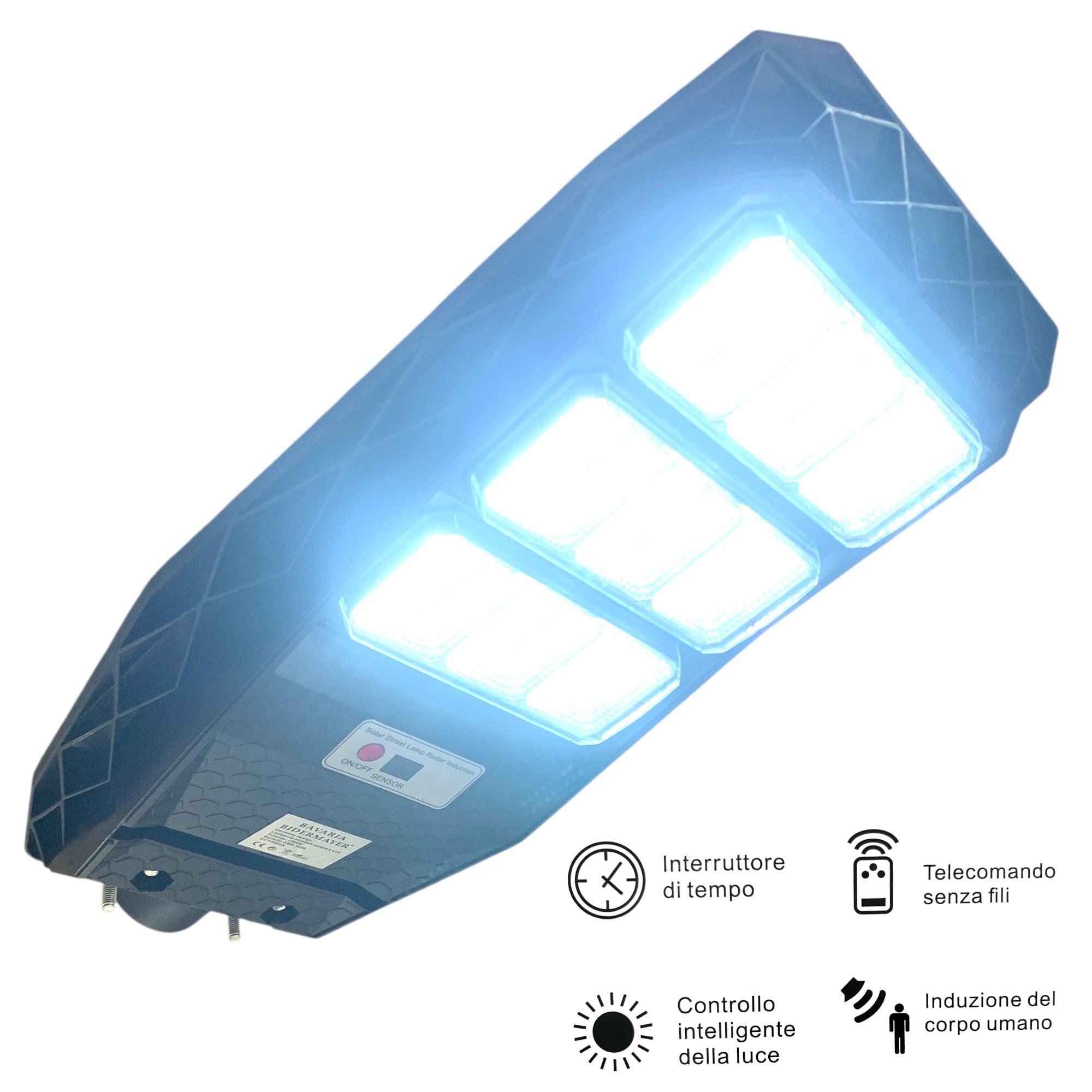 TANIASHOP Lampione Stradale LED Esterno Solare 1500W con Telecomando Faro Ricarica Solare con Sensore di Movimento, Crepuscolare, Timer Luce Bianca 6500K IP67 Impermeabile per Cortile, Giardino