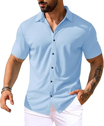 URRU Mens Muscle Dress Shirts Short Sleeve Stretch Casual Button Down Shirts Wrinkle Free Slim Fit Dress Shirt for Men