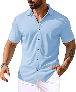 Men's Muscle Dress Shirts Short Sleeve Stretch Casual Button Down Shirts Wrinkle Free Slim Fit Dress Shirt for Men - Buy now