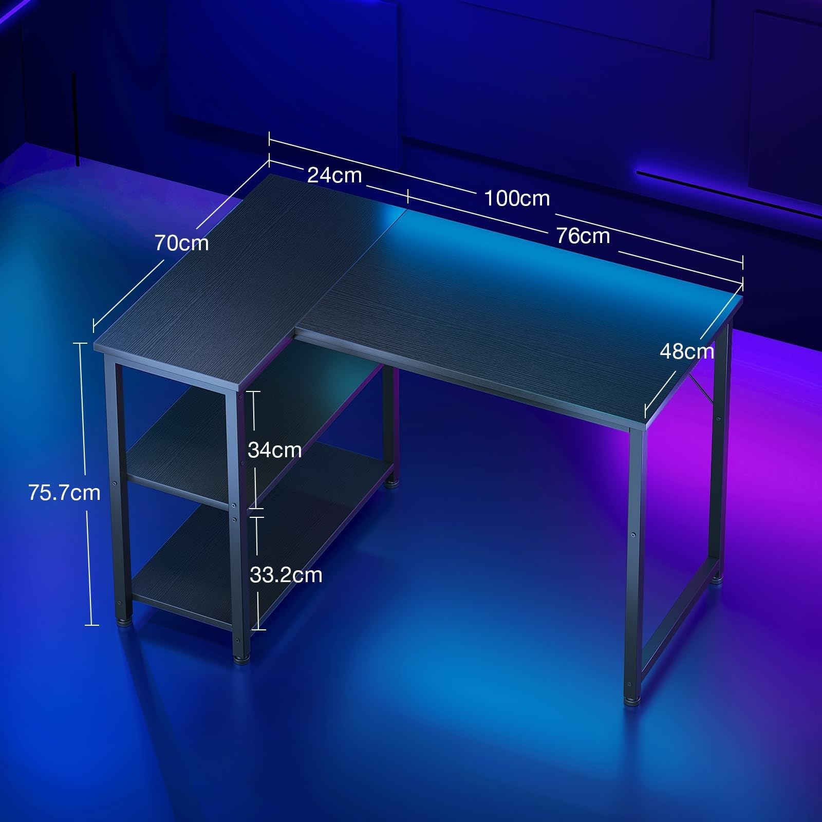 Coleshome Bureau Gaming, 100x70cm Bureau d'angle avec étagère de Rangement Réversible, Bureaux en L Peu Encombrant, Adapté comme Bureaux pc dans Les Coins Familiaux, Noir