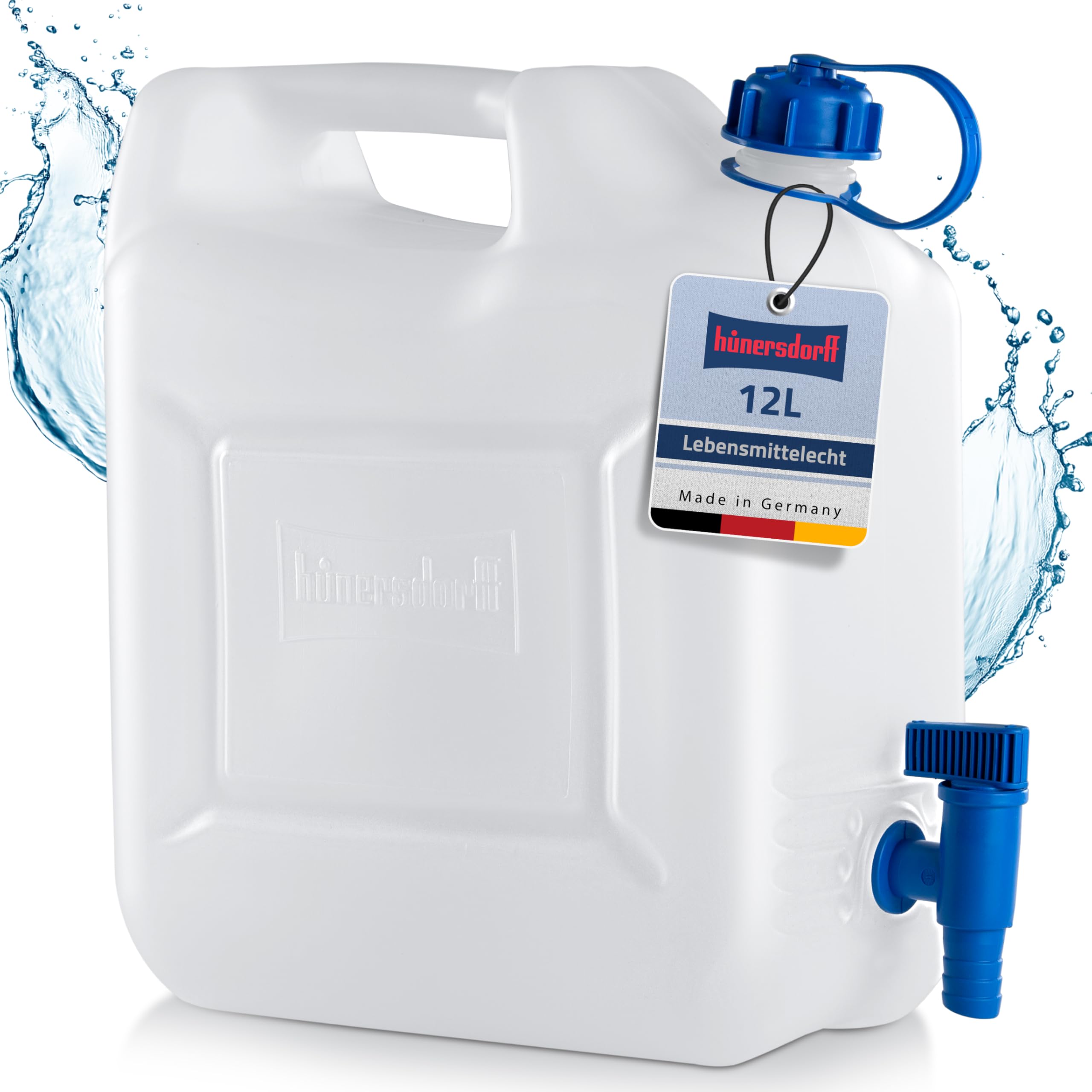 hünersdorff 817500 Wasserkanister ECO mit festmontiertem Ablasshahn / Wasserauslauf, 12 L (mit Hahn), Weiß