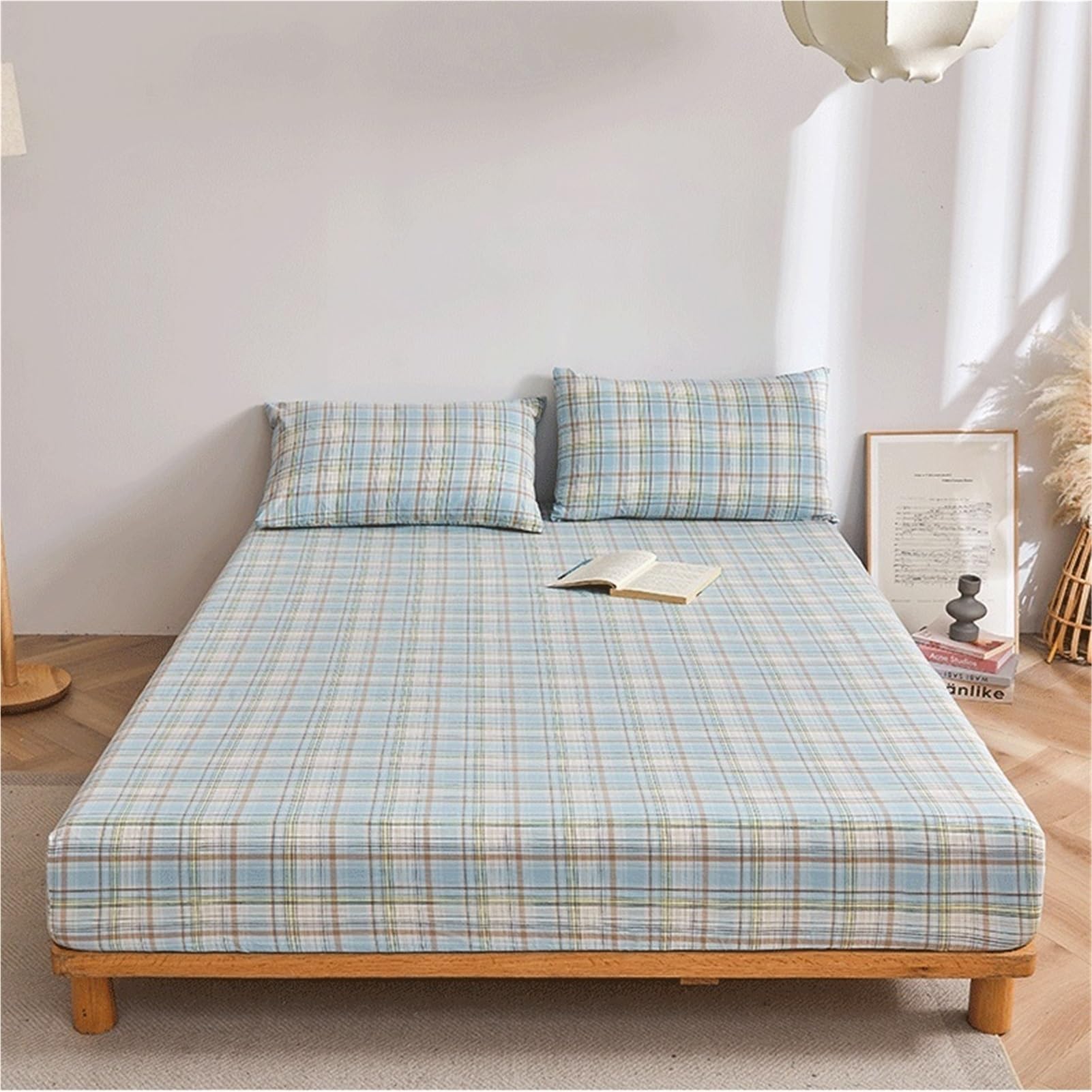 Prześcieradło z gumką w kratę Łóżko 90x200cm do 200x220cm 100% bawełna sprana super miękka i oddychająca o głębokości 25 cm (niebieski, L, 180 x 200 + 25 cm)