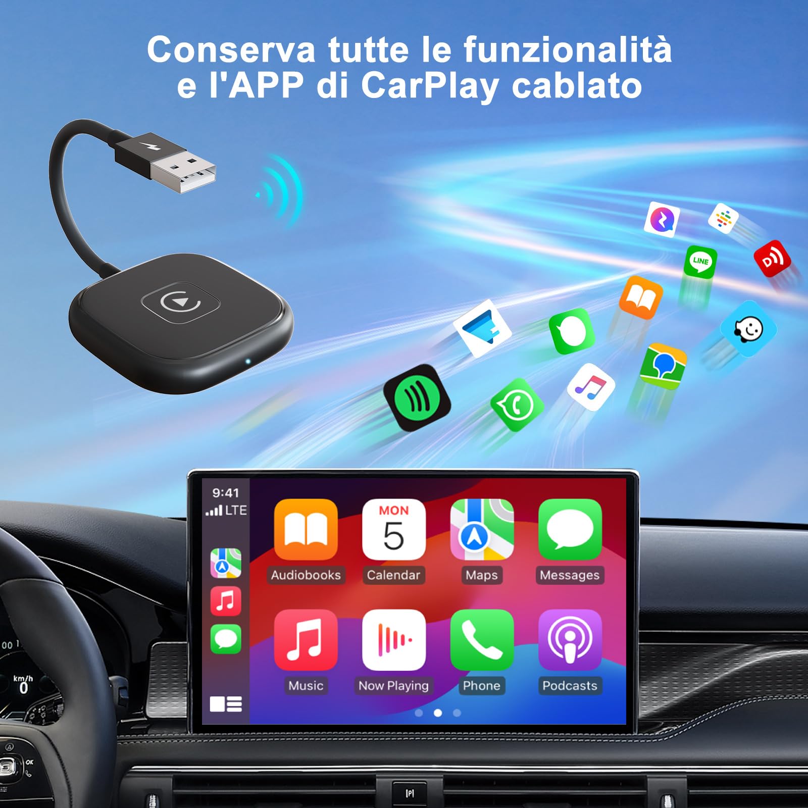 Adattatore CarPlay Wireless, Adattatore Carplay senza fili per OEM, Dongle Carplay Wireless Converte il Carplay Cablato Delle in wireless Compatibile con 98% delle Auto, 5Ghz WiFi＆iOS 10+