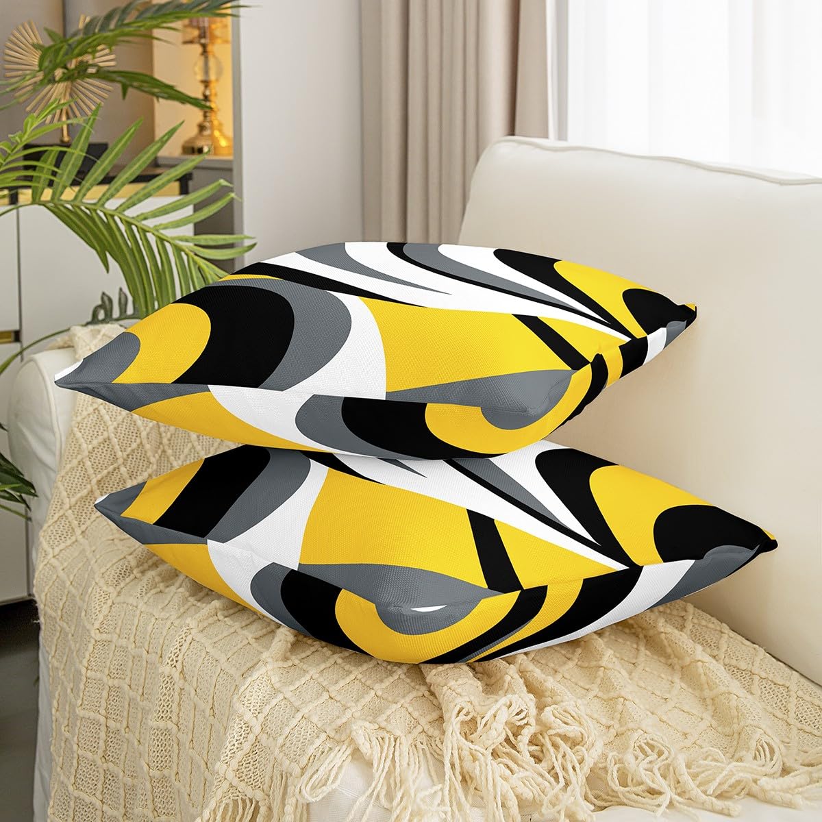Set di 4 federe copricuscino reversibili con motivo geometrico giallo, grigio e bianco, per bambini, decorazione per la casa, motivo a righe, arte astratta, 40,6 x 40,6 cm