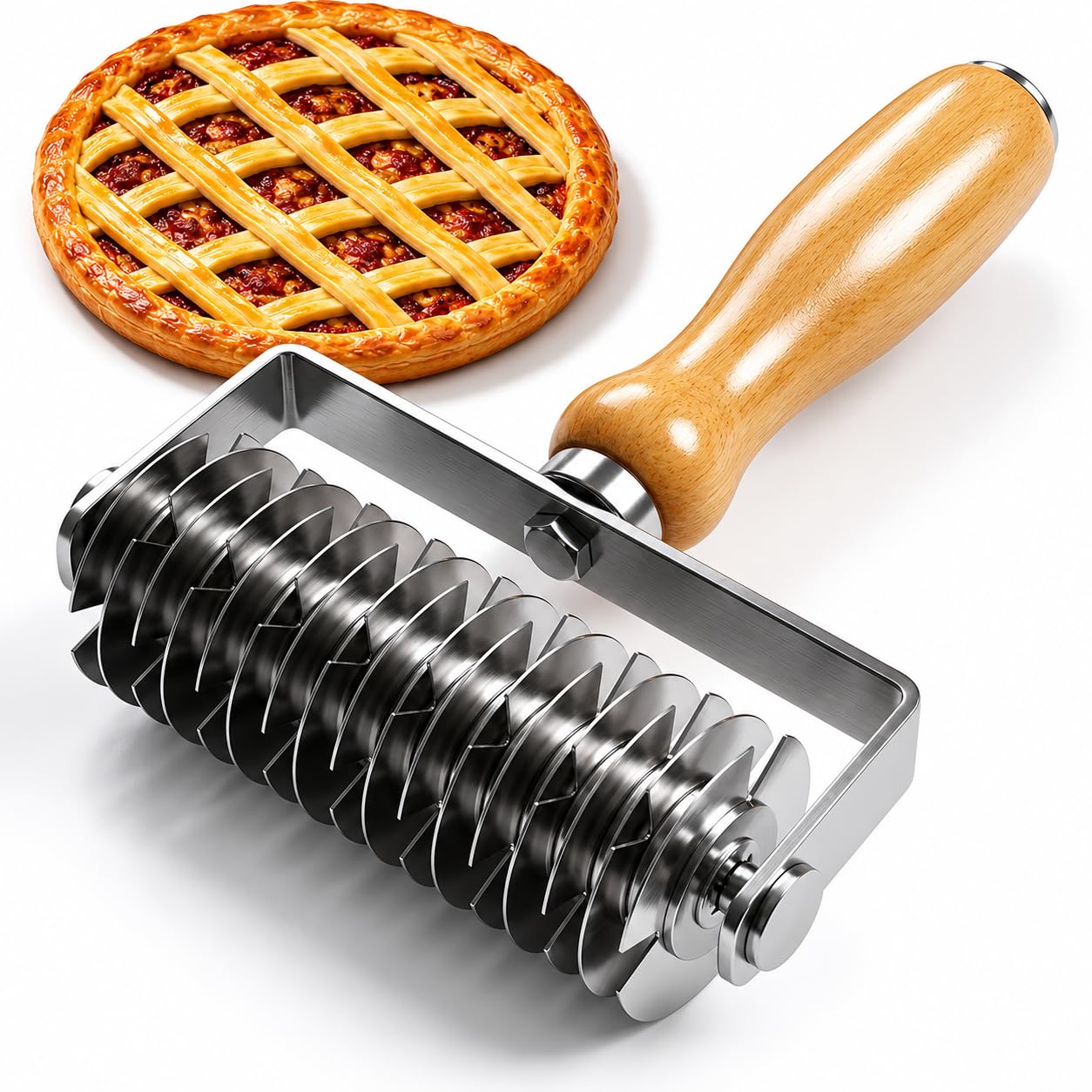 Stainless Steel Lattice Roller, Dough Lattice Roller Cutter Baking Tool with Wood Handle Pastry Lattices Rollers Cutter for Pie Pizza Cake Bread Cookie Wheaton Beef Time-Saver Baking Pastry Tools