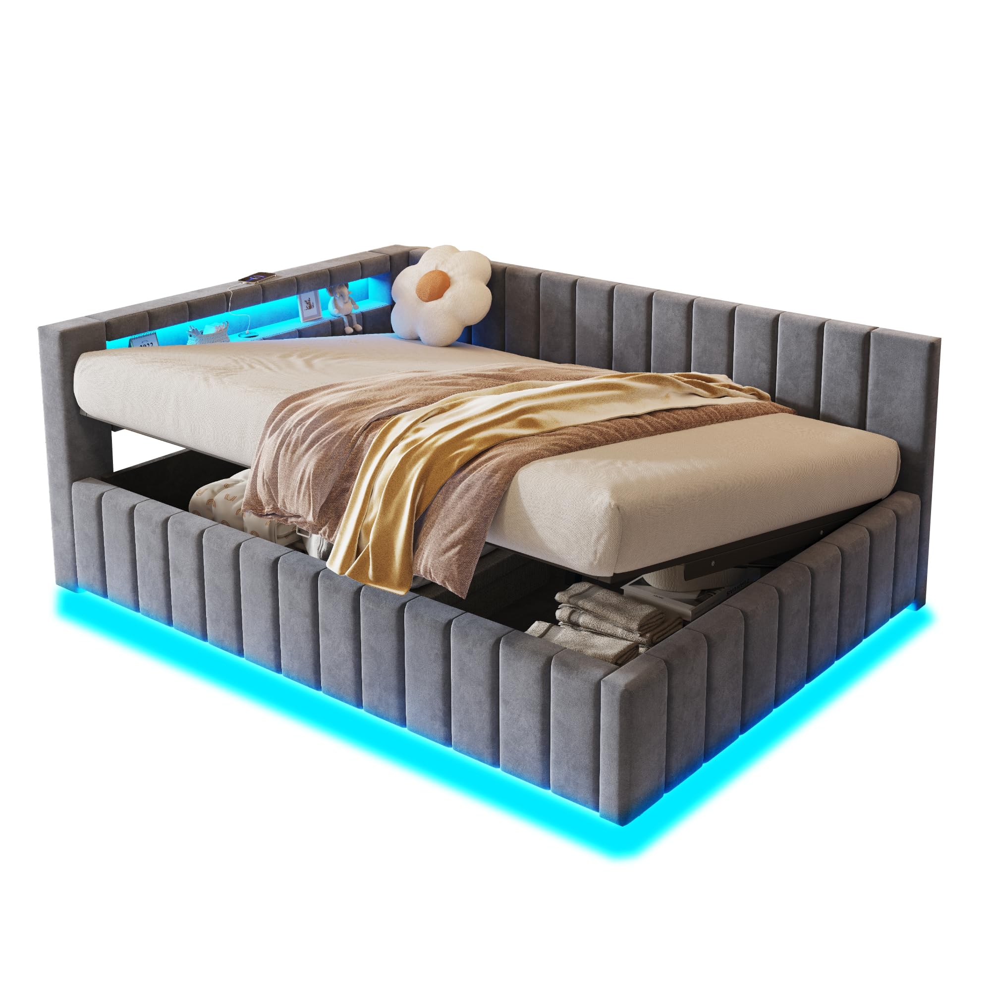 Letto imbottito divano letto 140 x 200, letto matrimoniale con vano portaoggetti idraulico, con luce LED e funzione di ricarica USB, letto giornaliero per ragazzi con rete a doghe, tessuto di
