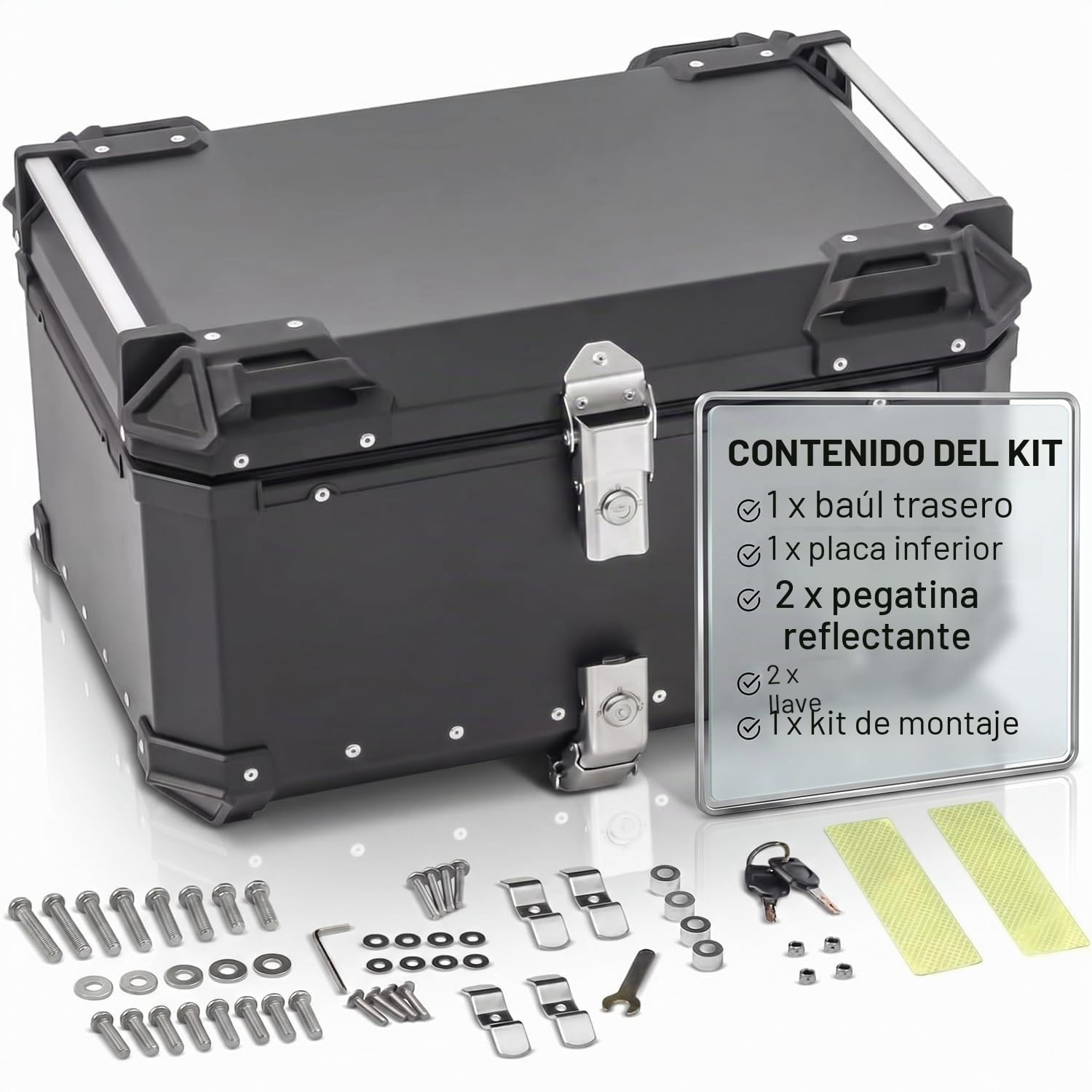 Top Case Moto 65L de Aleación de Aluminio - Baúl trasero universal impermeable para moto y scooter - Maleta de almacenamiento de gran capacidad (2 cascos) Forro interior Premium Cerradura de