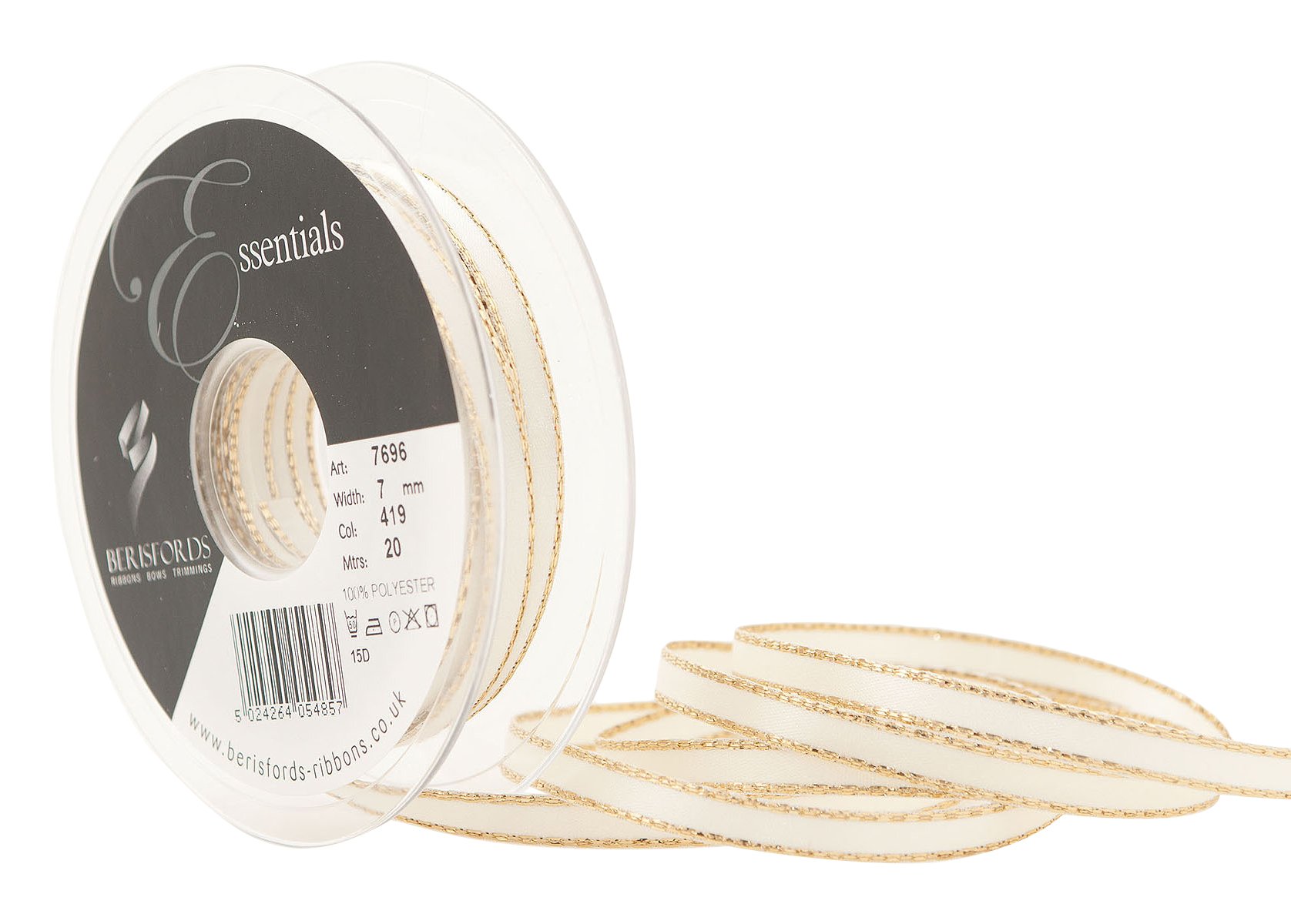 Berisfords Bridal White 7 Mm Polyester Yarn Gold Edge Satin Ribbon,