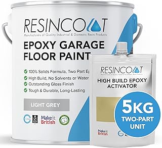 Resincoat High Build Epoxy Garage Floor Paint, Two-Part Epoxy Coating, High Gloss Finish, Solvent Free Formula, Tough & Durable Concrete Floor Paint, Made in the UK, Light Grey, 5kg
