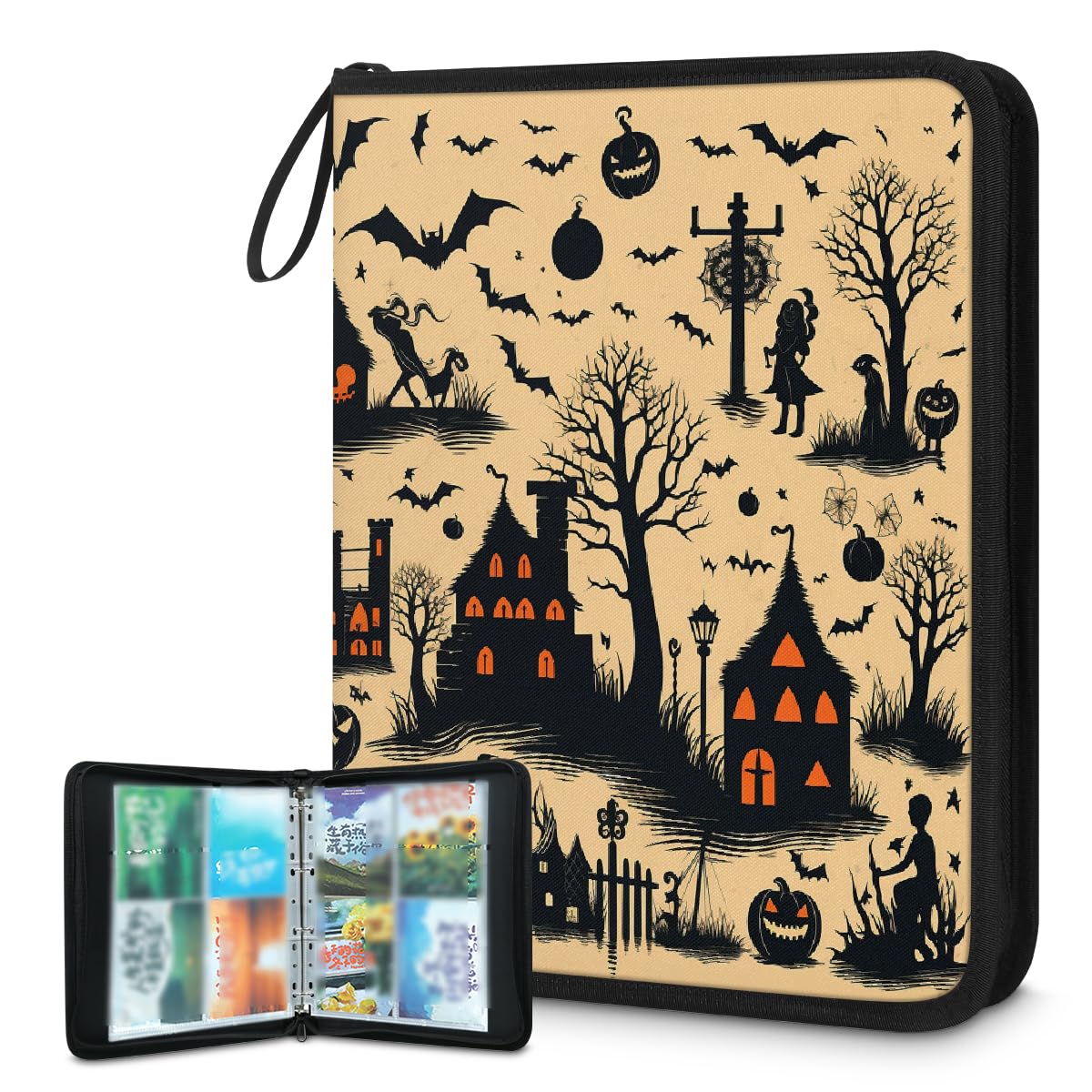 Raccoglitore per carte collezionabili con 4 tasche, motivo pipistrelli di Halloween, con maniche rimovibili, impermeabile, con cerniera, 50 pagine, capacità 400 carte