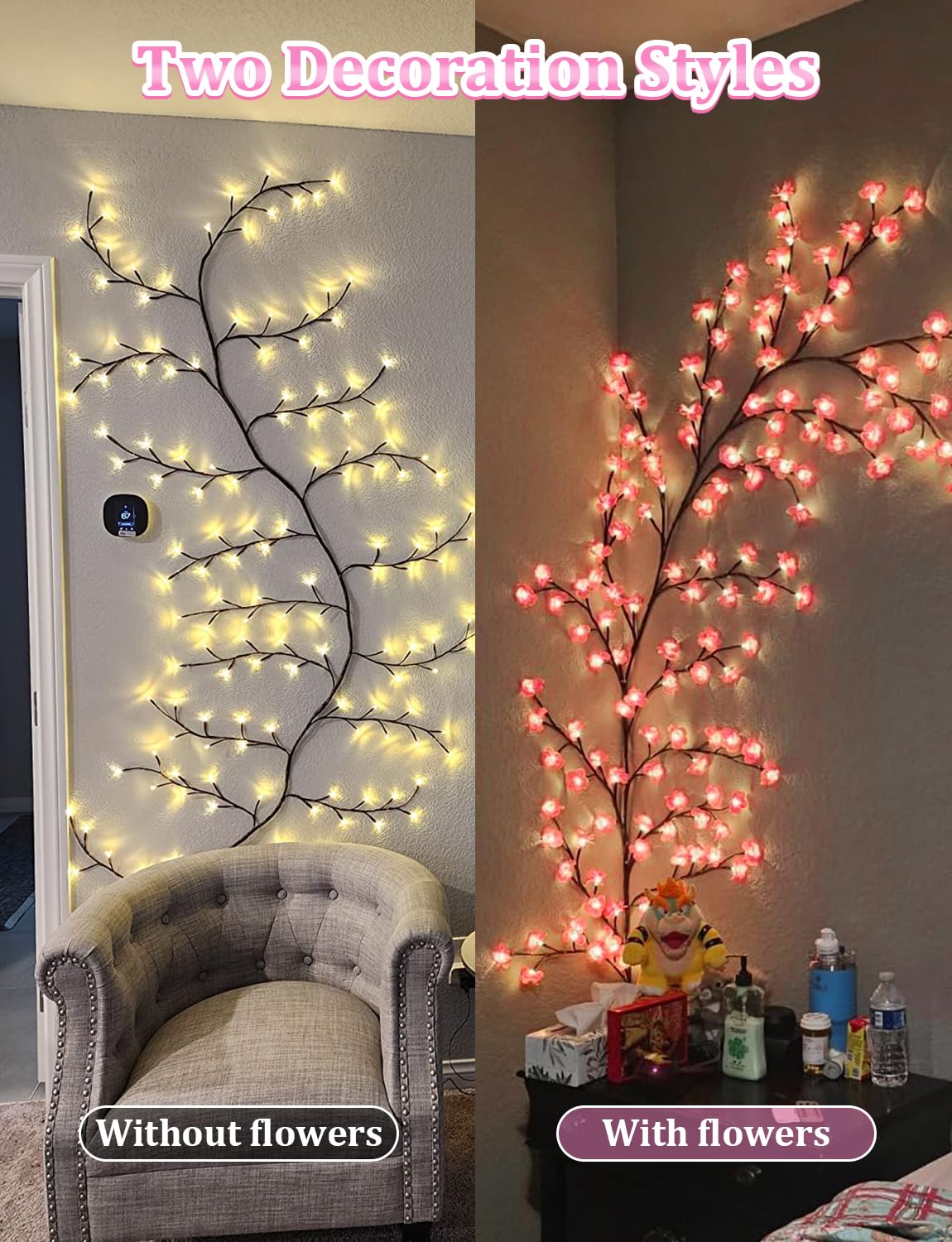 Rami LED a Forma di Fiore di Ciliegio da Parete - 8 Modalità Con 144 LED, Telecomando e Timer - Luci per Decorazione Camera da Letto