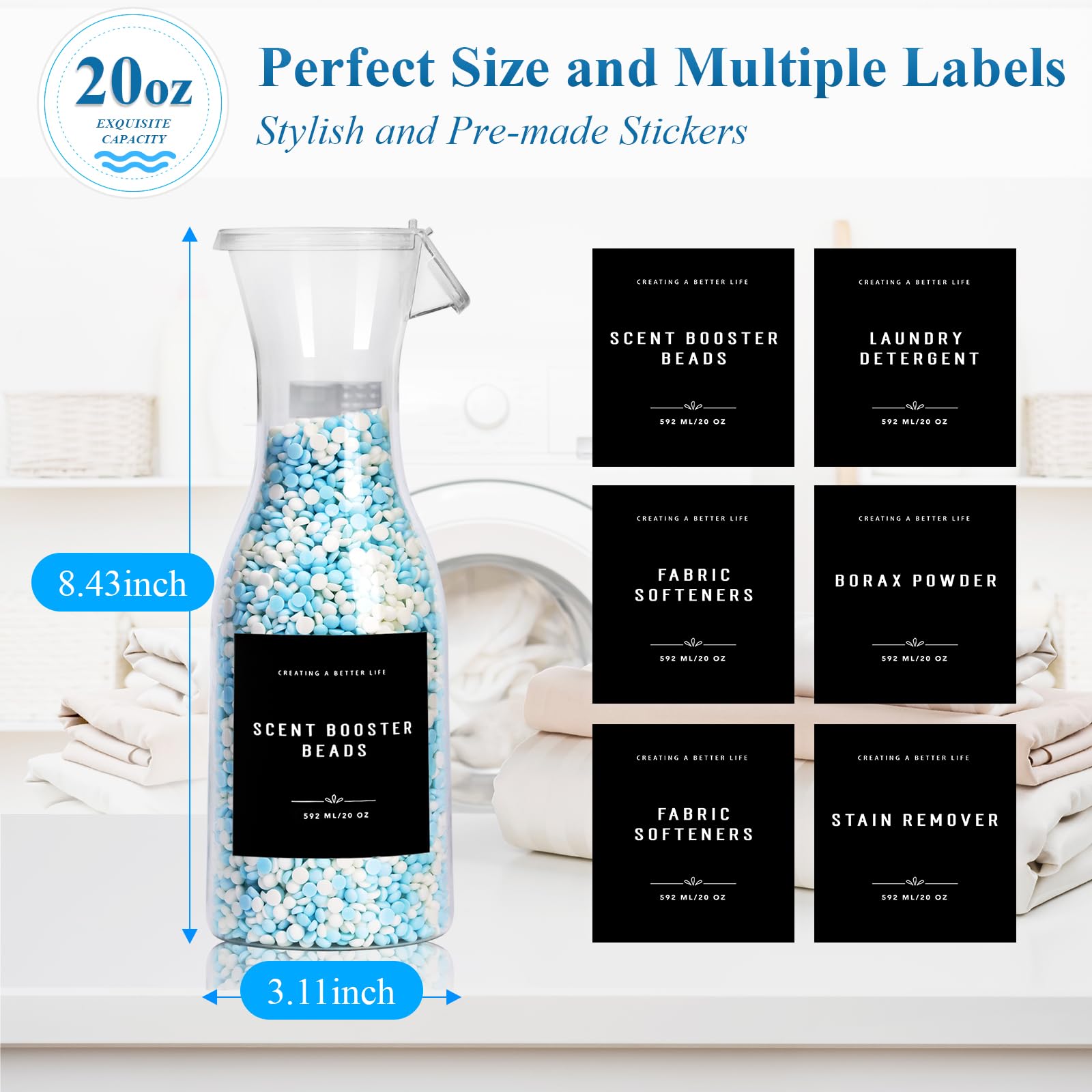 Botella dispensadora de detergente para ropa sucia de 20 onzas con etiqueta impermeable para detergente para ropa, jabón, suavizante de tela, cuentas reforzadoras de olor, botella de PET 5