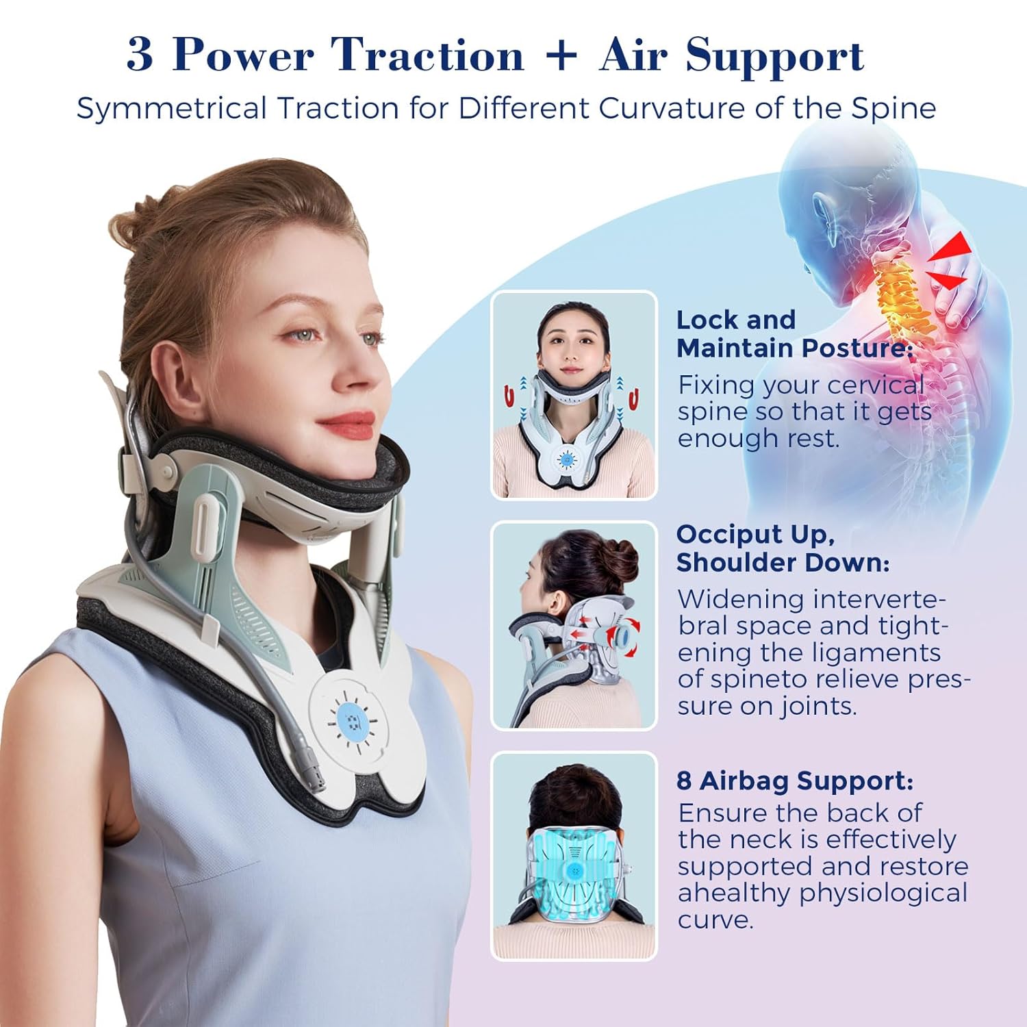 ALPHAY Cervical Traction Device, Neck Stretcher for Cervical Pain Relief, Air Pump Neck Brace with 3 Power Traction and 8 Airbag Support, Neck Decompression and Neck Tension Relief - Image 2