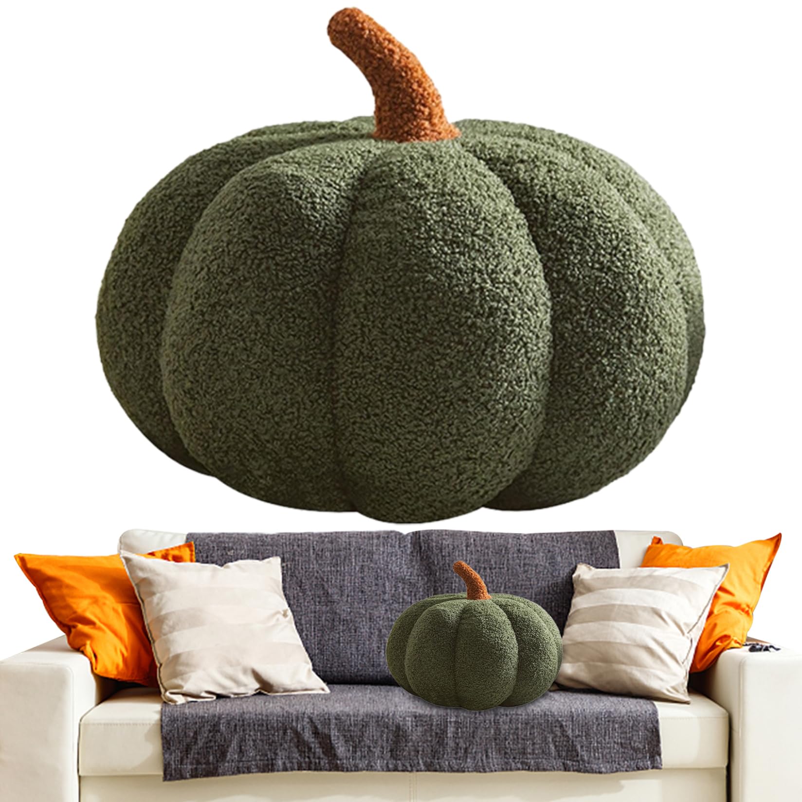 CNAFGBGG Pumpkin Cushion 13.8 Inch Dia Thanksgiving Fall Throw Pillows Soft 3D Halloween Pumpkin Pillows for Car Sofa Halloween Thanksgiving Decorations Dark Green..