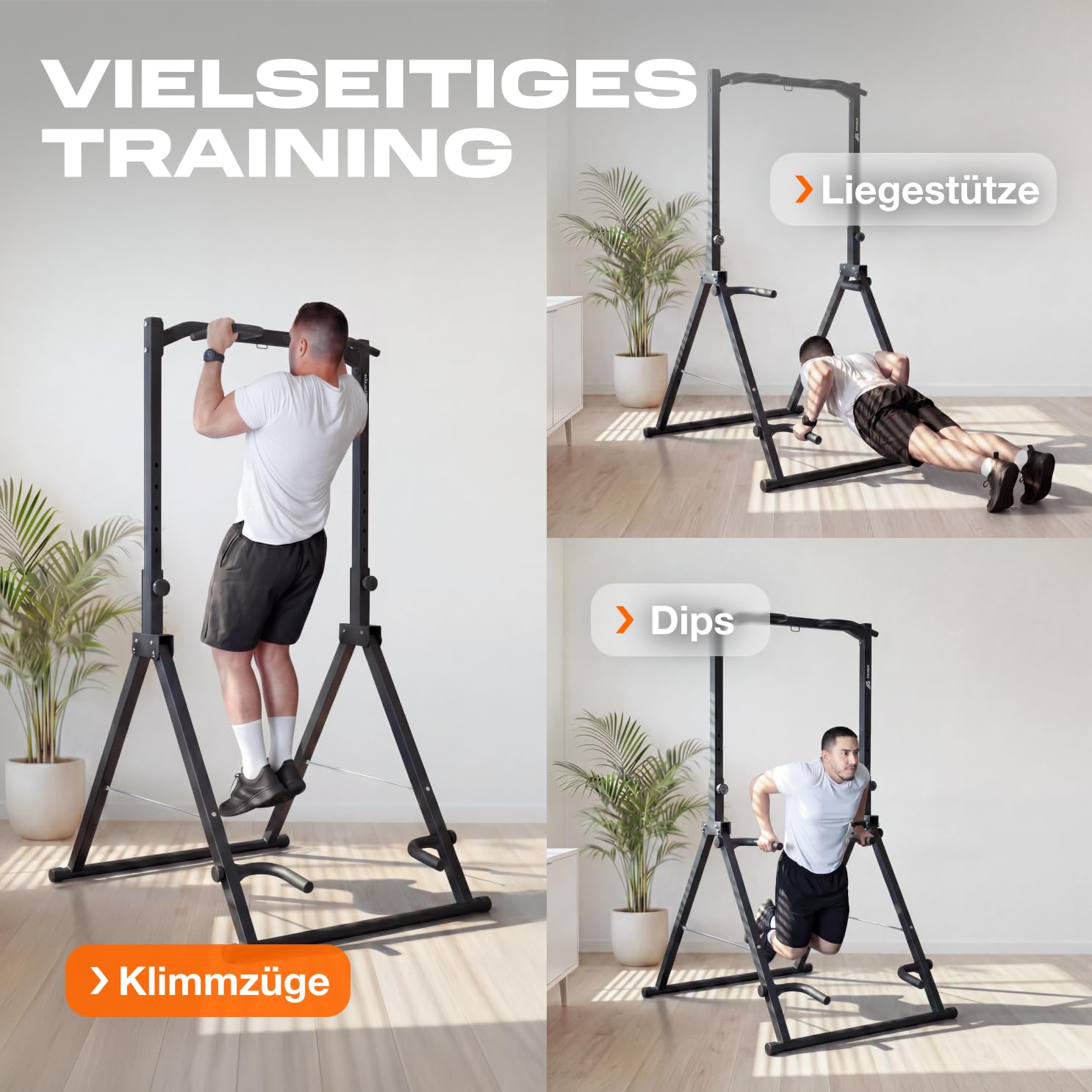 Parex Klappbarer Power Tower – 4-in-1 Klimmzugstange freistehend & Dip Station, Höhenverstellbare Kraftstation für Home Gym & Calisthenics, Platzsparender Kraftturm belastbar bis 150kg, Schwarz