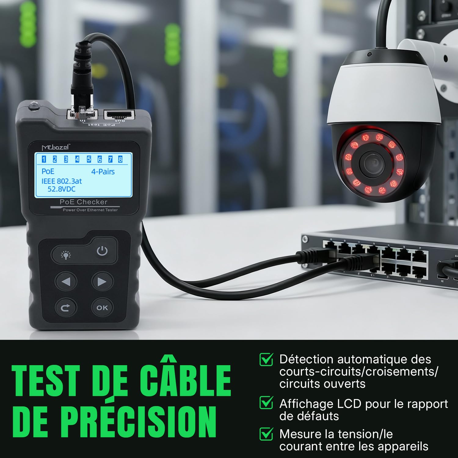 Testeur de réseau avec PoE, RJ45 - Avec écran LCD - Pour câble réseau Cat5/Cat6 - Test de tension et de courant