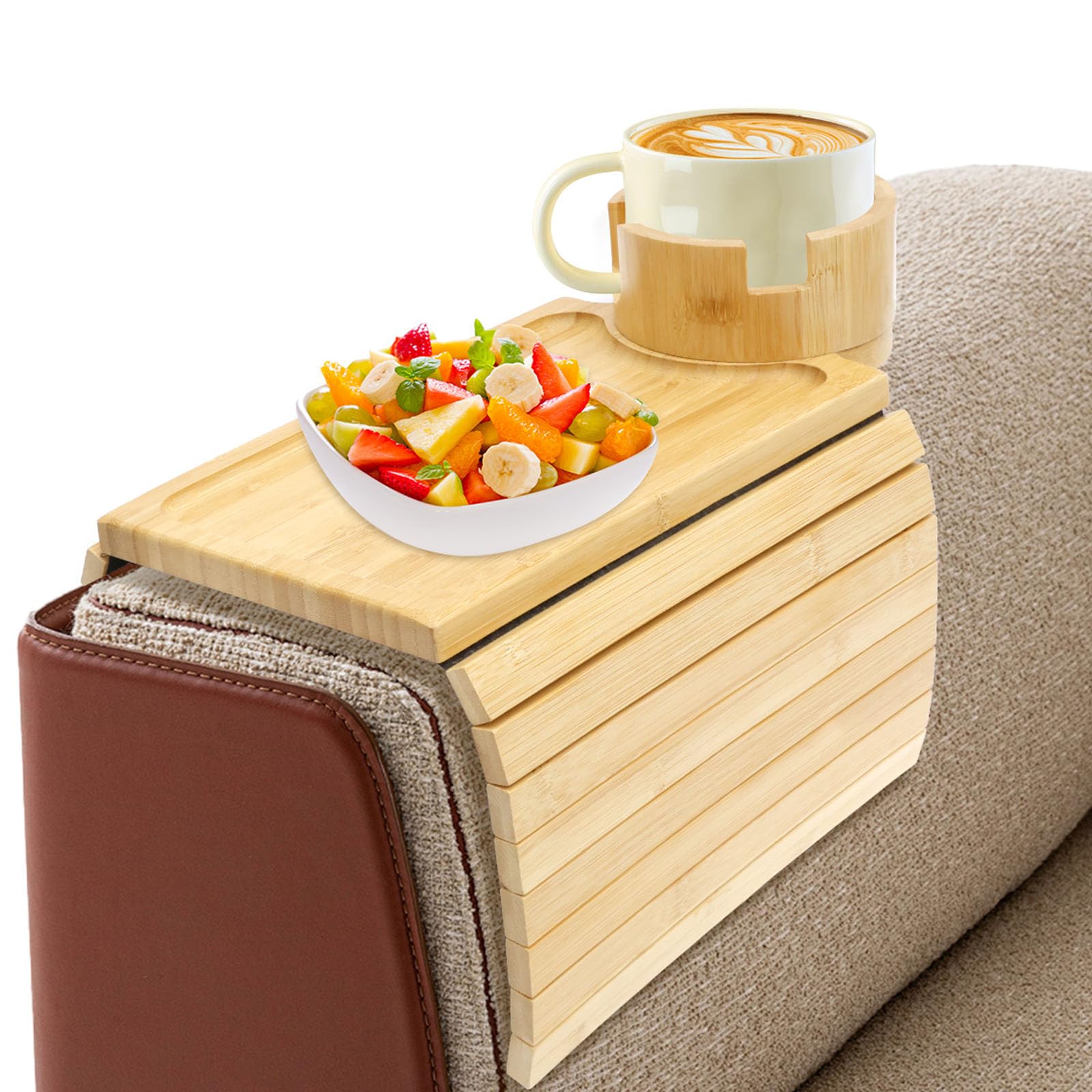 Gatphy Bamboo Sofa Armrest Tray with Detachable Couch Cup Holder, Anti-Slip Side Table Tray Foldable Sofa Couch Arm Trays for Cup, Remotes, Bottles, Food, Drinks and Phones (Square) — image 1