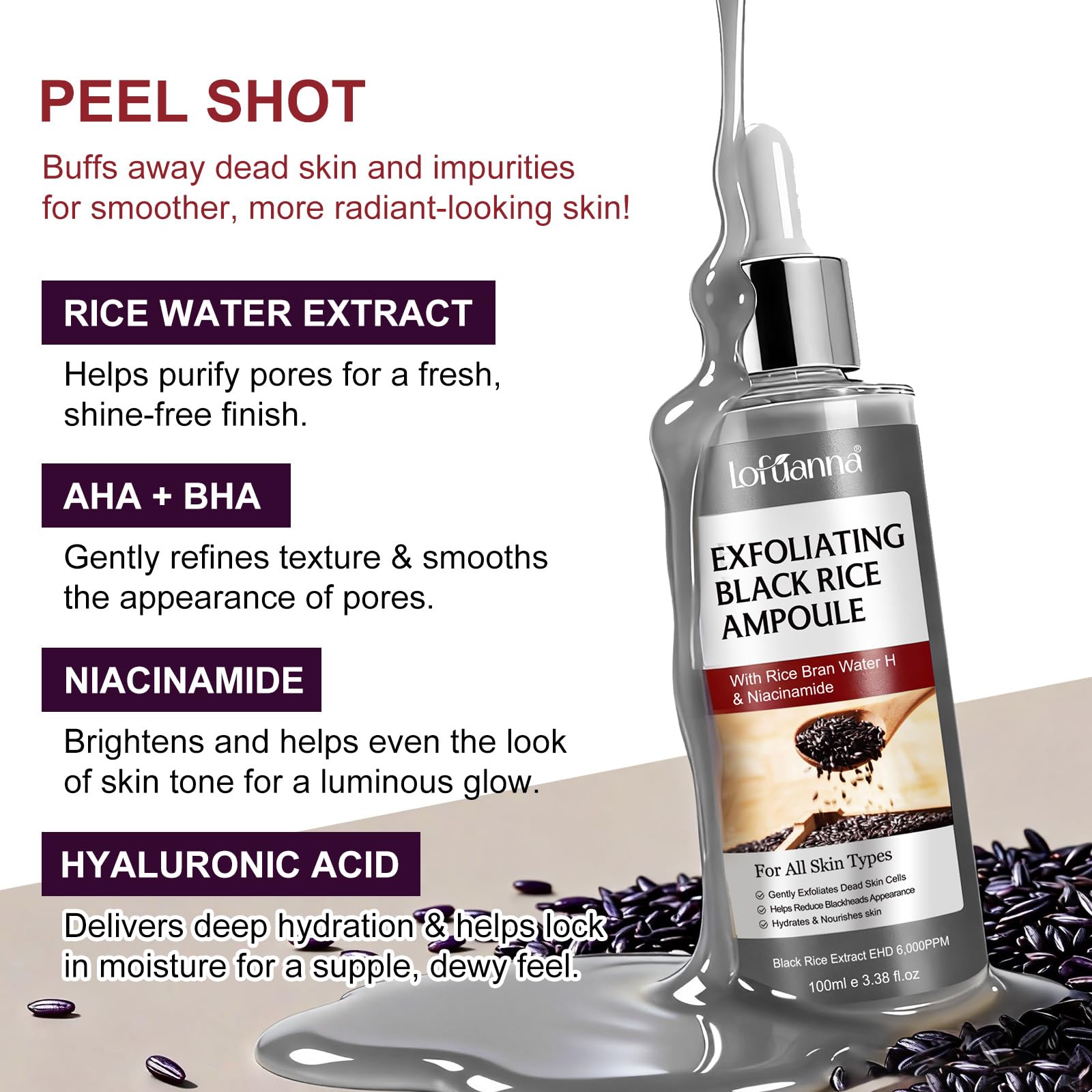 Black Rice Peeling Serum 100ml, Esfoliante Viso Delicato, Siero Esfoliante Riso Nero, Rimuove Cellule Morte e Punti Neri, Minimizza Pori, Niacinamide & Estratto di Riso Nero, Pelle Luminosa e Liscia