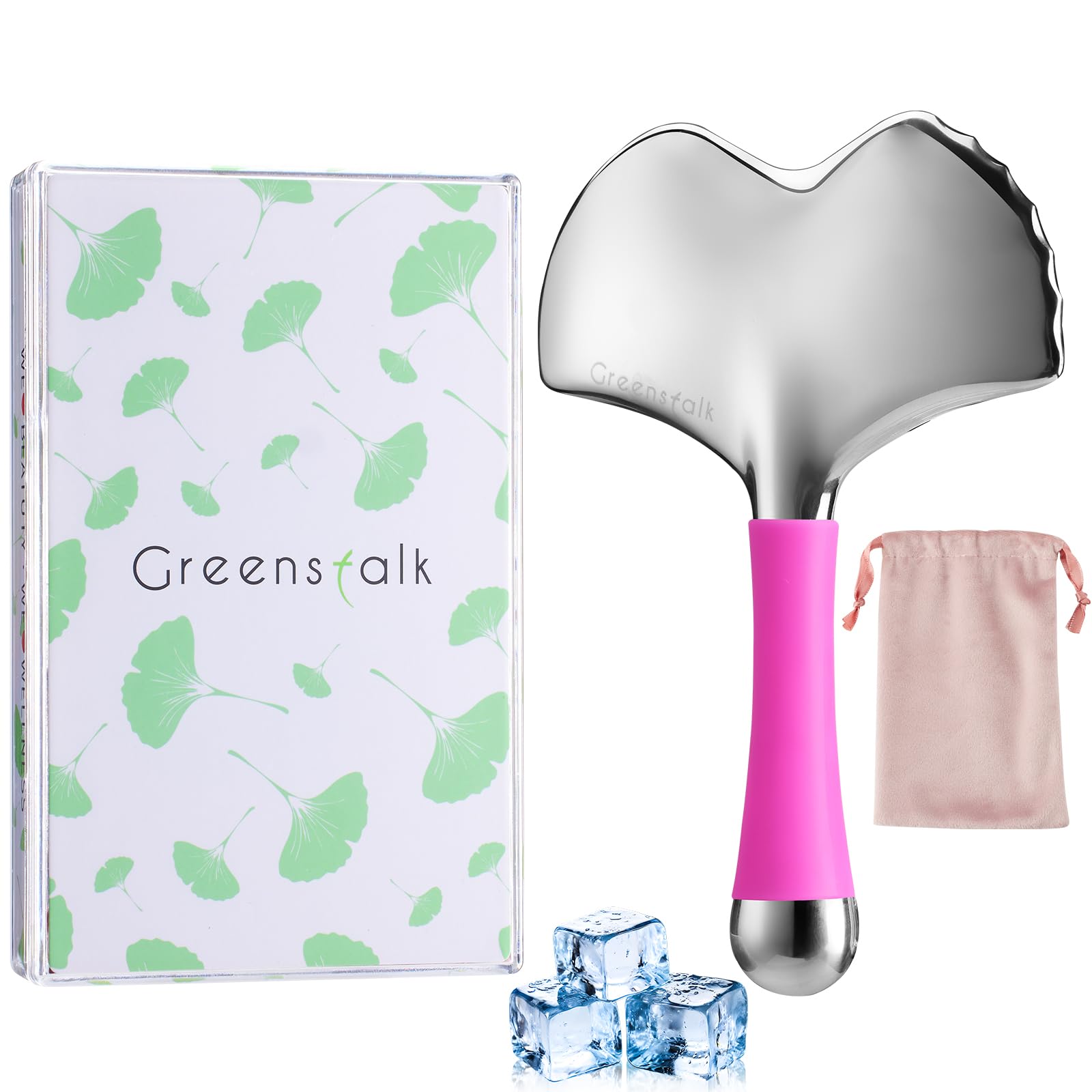 Greenstalk Stainless Steel Gua Sha Facial Tool for Women｜2-in-1 Cooling Massager & Ice Roller with Handle, Built-in Anti-Freeze Liquid for Skincare,