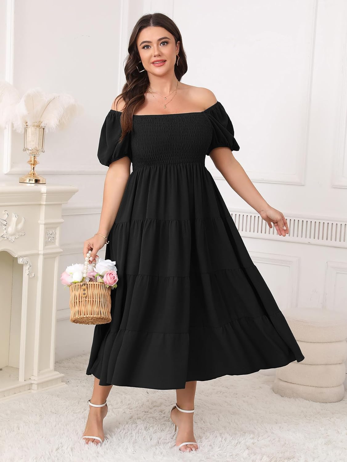 Womens Plus Size Casual Dress Short Puff Sleeve Square Neck Smocked Tiered Summer A Line Flowy Long Maxi Dresses - Image 3