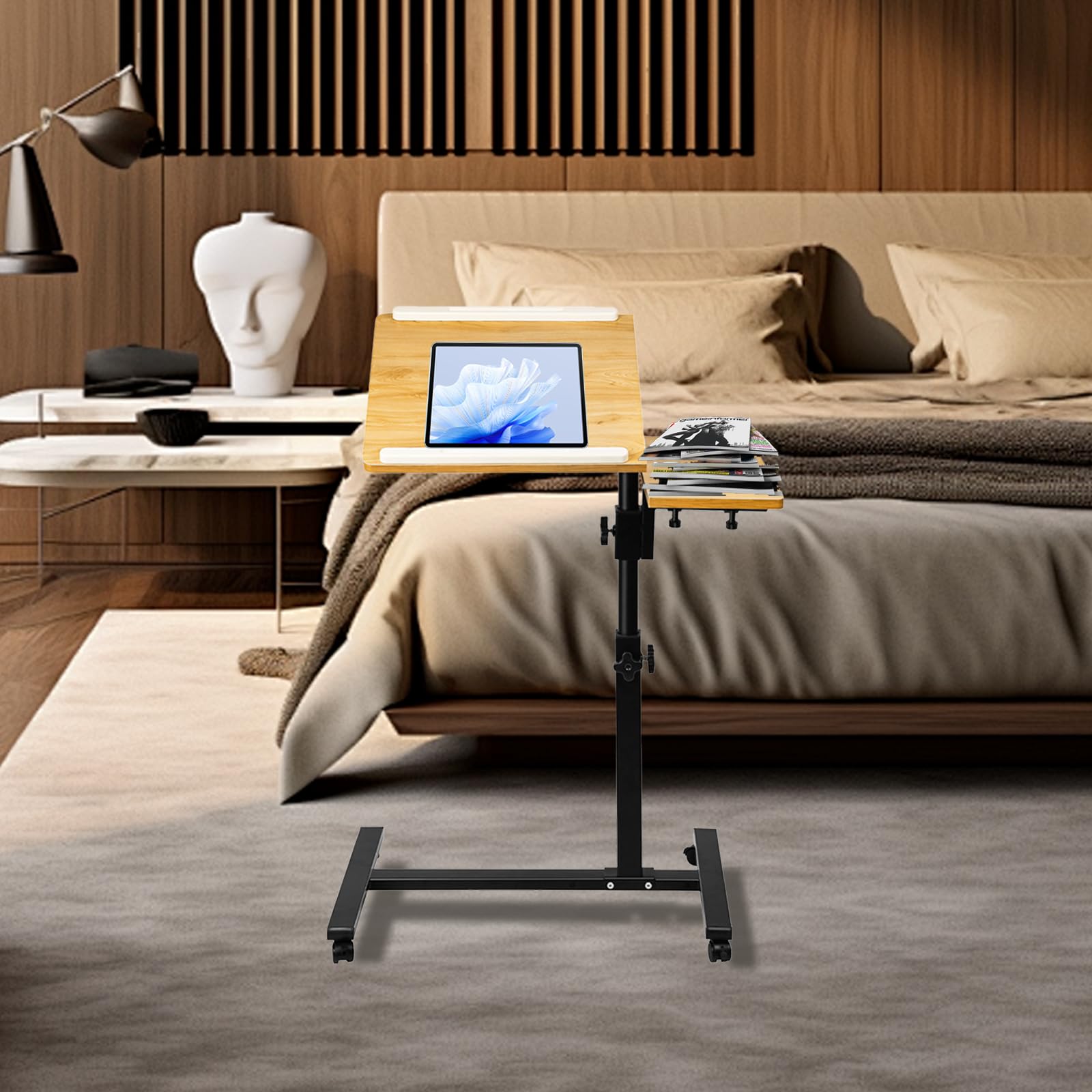 Table de Lit à Roulettes Bureau Mobile Pliable 360° Levage Rotatif 70 x 44 x 95 cm Bois