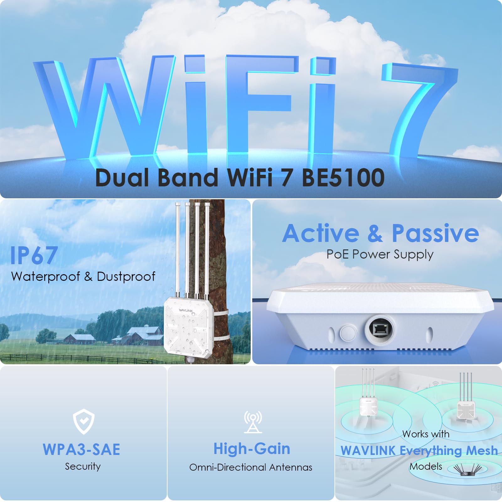 Router WiFi 7 WAVLINK Exterior BE5100 Mesh, Repetidor, Punto de Acceso, IP67 Impermeable, Protección Antirrayos 4KV, PoE Activo/Pasivo, Antenas 8dBi, Largo Alcance para Zonas Rurales y Empresas