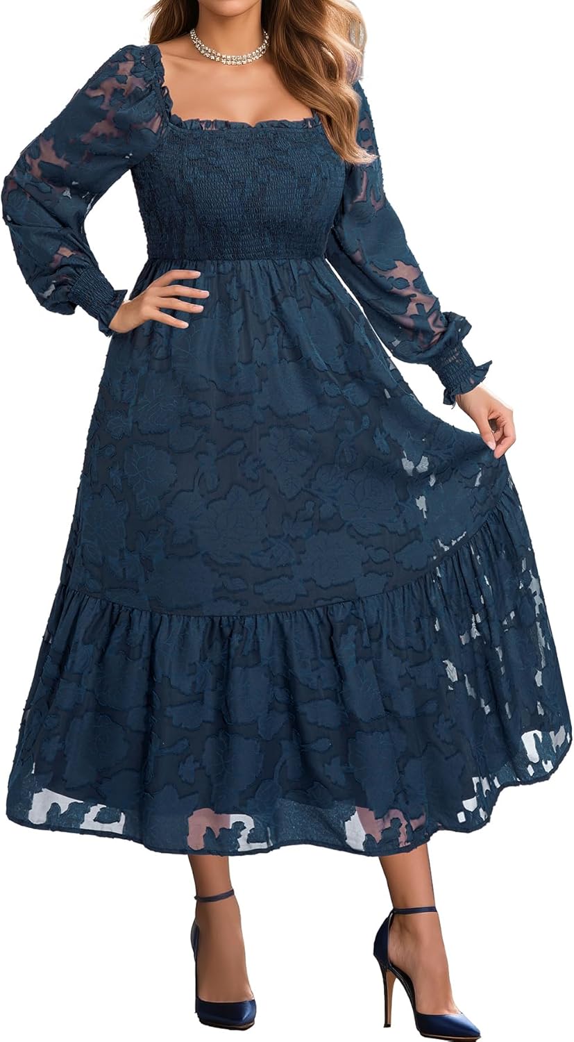 Women's Plus Size Fall Dress - Wedding Guest Long Sleeve Floral Lace Aline Flowy Midi Dress