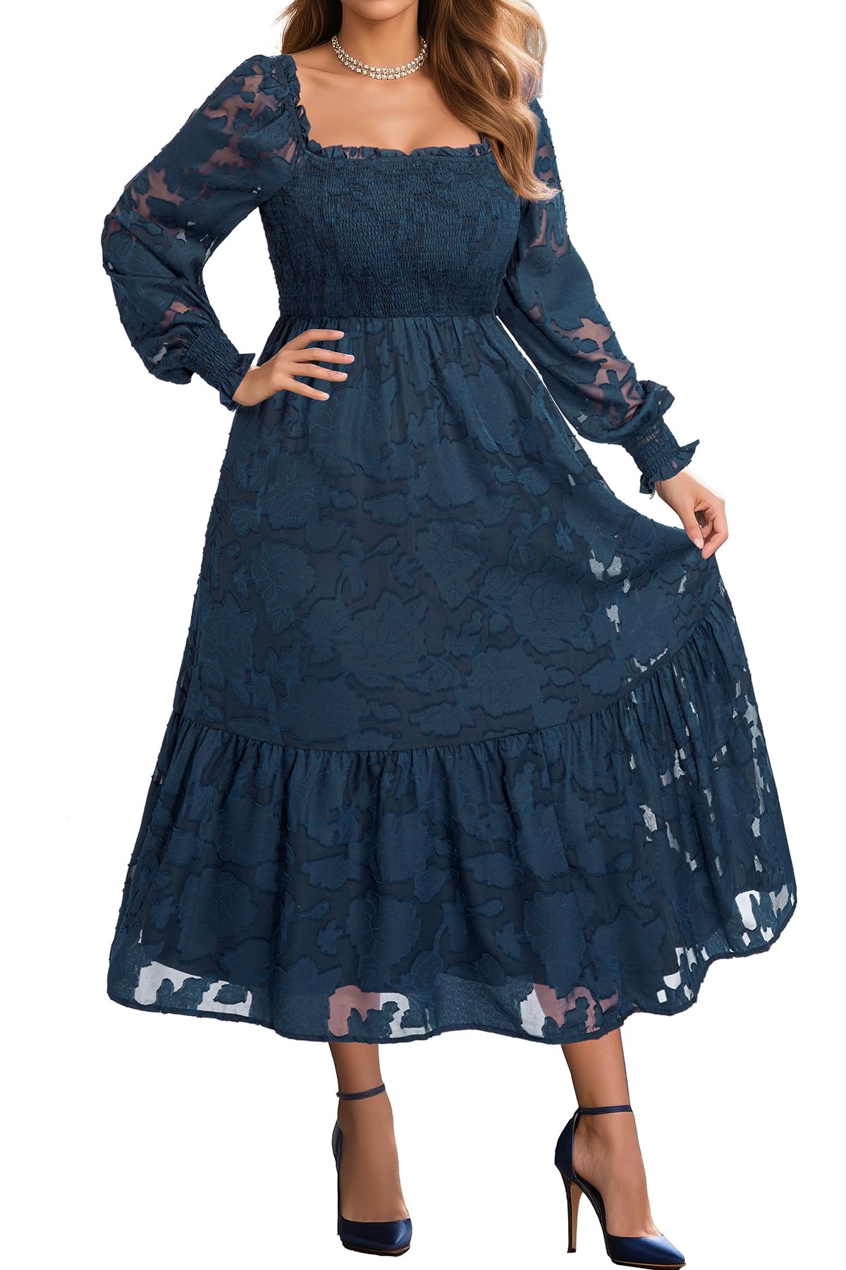 Women's Plus Size Fall Dress - Wedding Guest Long Sleeve Floral Lace Aline Flowy Midi Dress