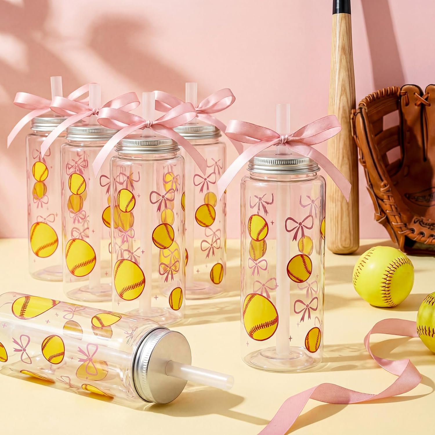 24 Pcs Softball Plastic Cups with Lids, Straws, and Pink Ribbon, 13.5 oz Pink Bow Sports Theme Party Clear Drinking Cups Reusable Tumblers for Birthday Sports Party Team Gifts