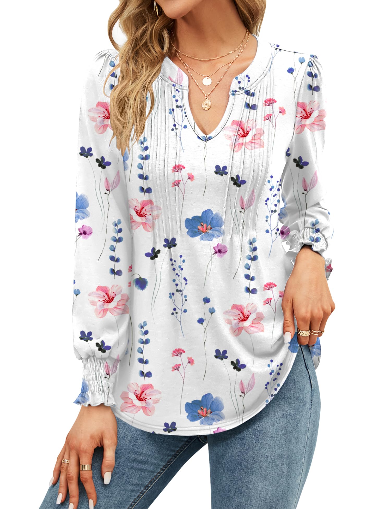 Womens V Neck Tops Puff Short Sleeve T-Shirt Pleated Floral Printed Tunic Blouse Shirts — view 15