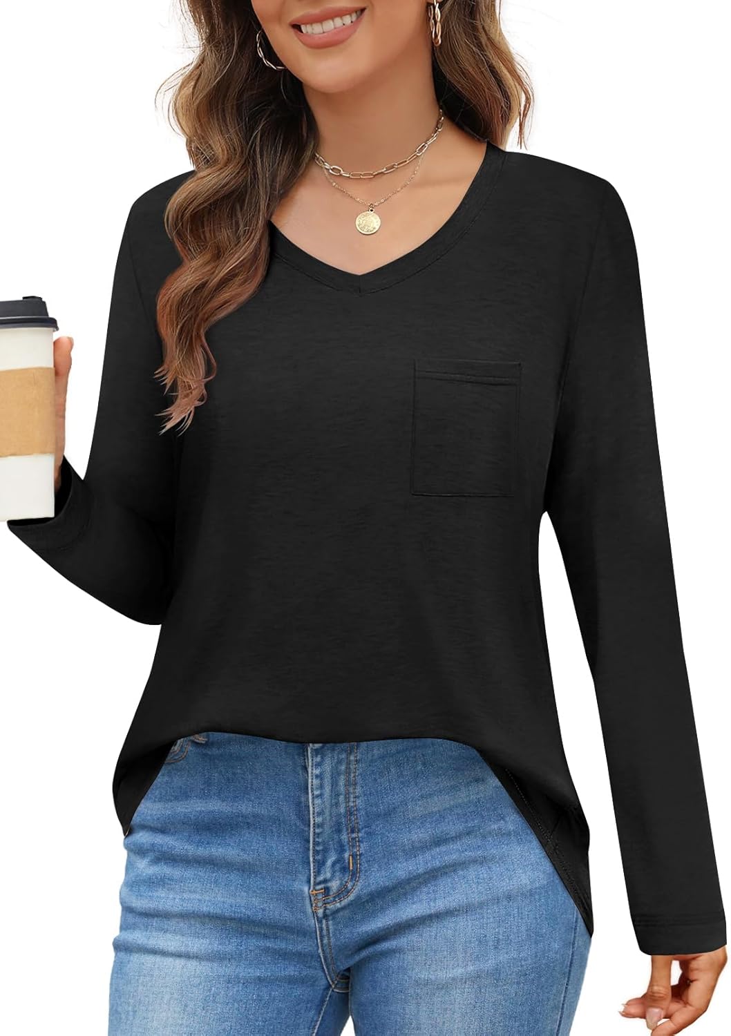 MEROKEETY Women's 2024 Fall Long Sleeve Tops Casual Loose V Neck Tunic Tee Shirts with Pockets