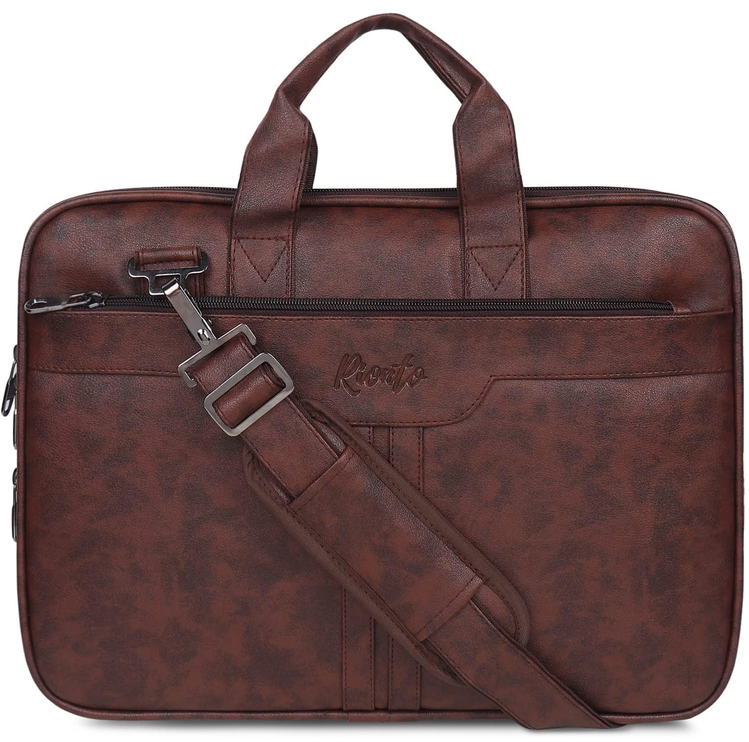 RIONTO Prime Laptop Bags for Men Office Use | Upto 15.6 inch | Expandable Bottom | Mobile & Pen Compartment with Multiple Organizers | PU Leather | Professional Office Bag for Man & Women - Tan