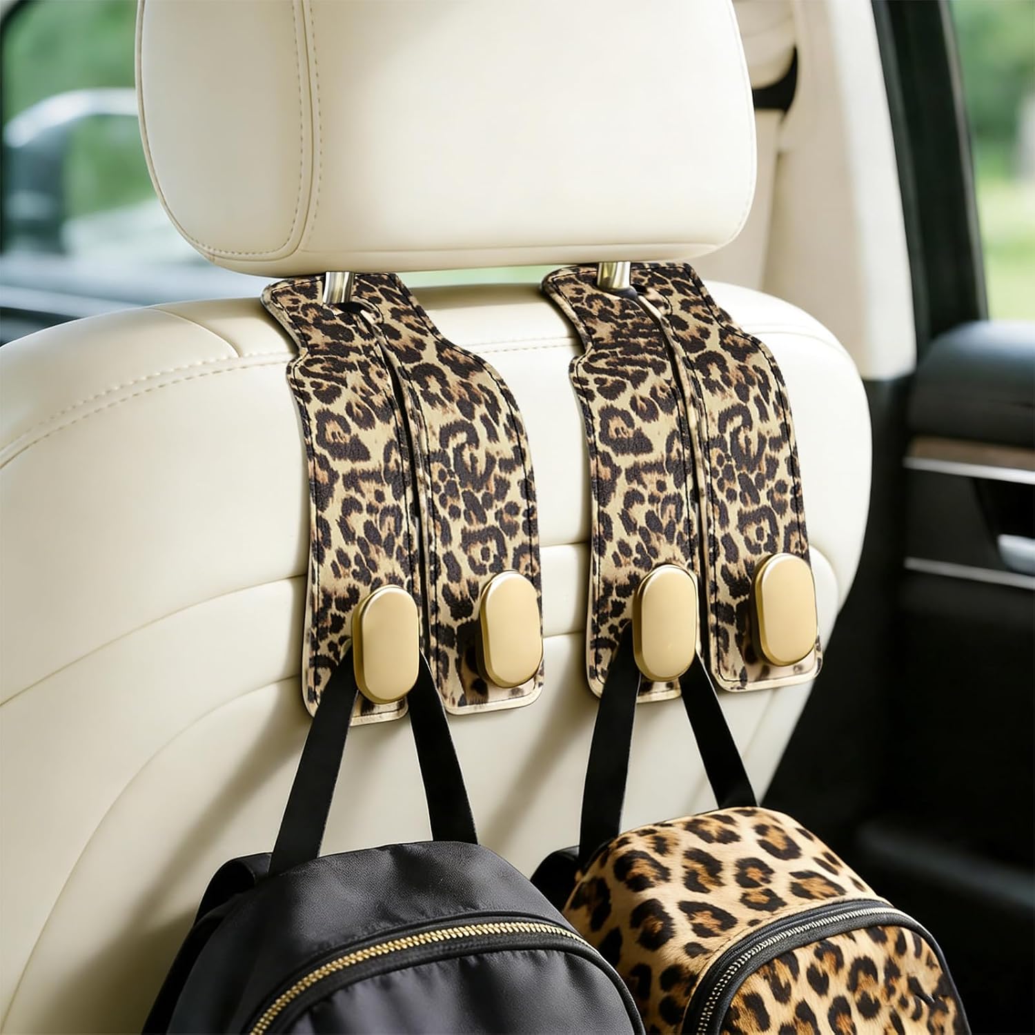 Car Hooks for Headrest: 2Pack Car Headrest Hook with Premium Leopard Leather - Double Metal Hooks - Purse Hook For Car - Car Headrest Hooks - Car Hooks for Purses, Handbags, Bags - Leopard