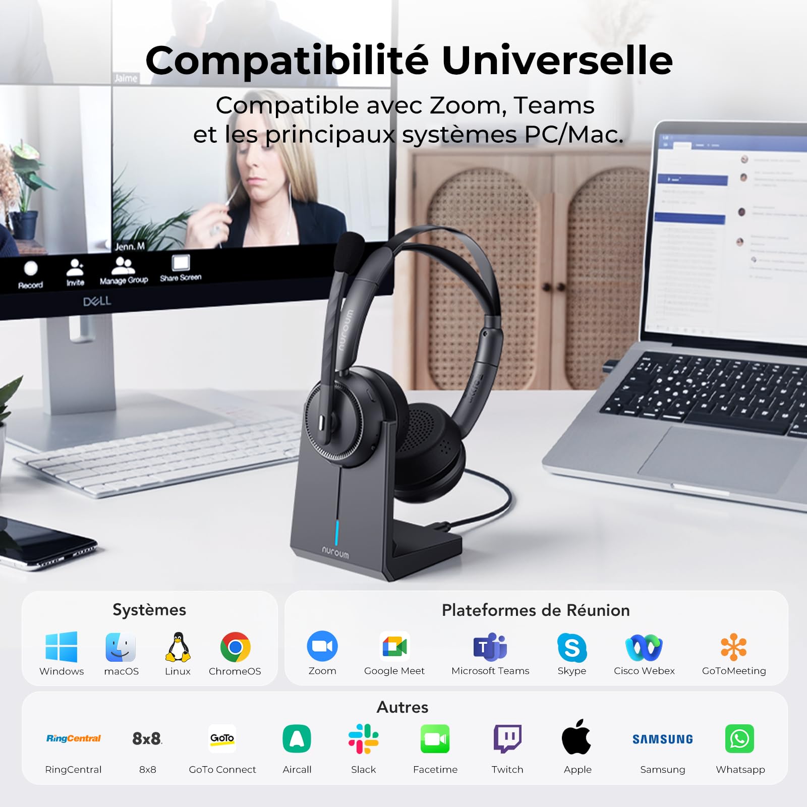 Nuroum HP31D 2026 Professionnel Casque Bluetooth sans Fil avec Micro,Casque à Réduction de Bruit ENC avec Station de Charge,Bluetooth 5.4,Dongle USB,Connexion Multipoint pour Télétravail/Appels Clairs