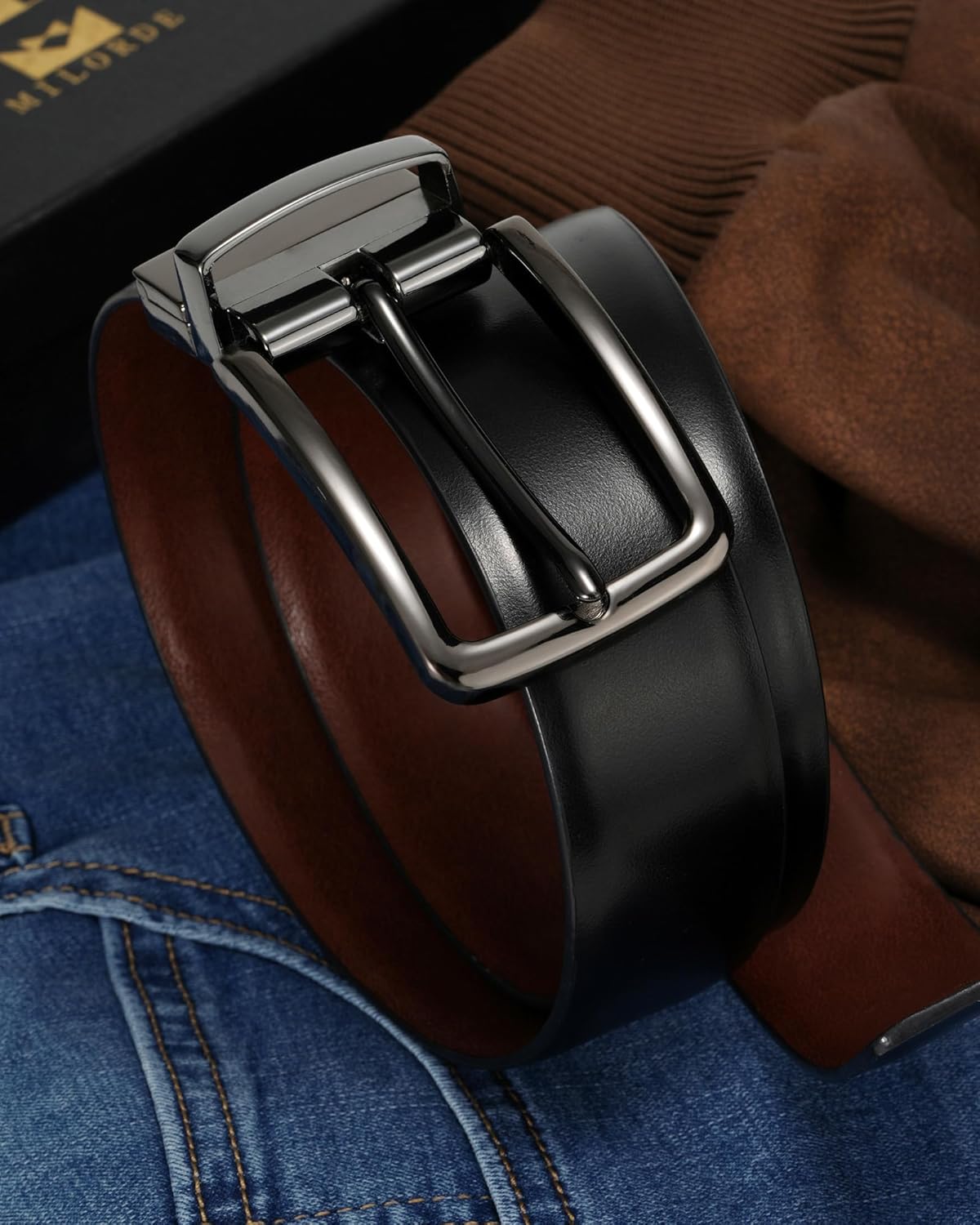 MILORDE Men’s Reversible Leather Belt for Casual Golf Dress Pants Shirts, Double Style - 2 Sides - Image 5