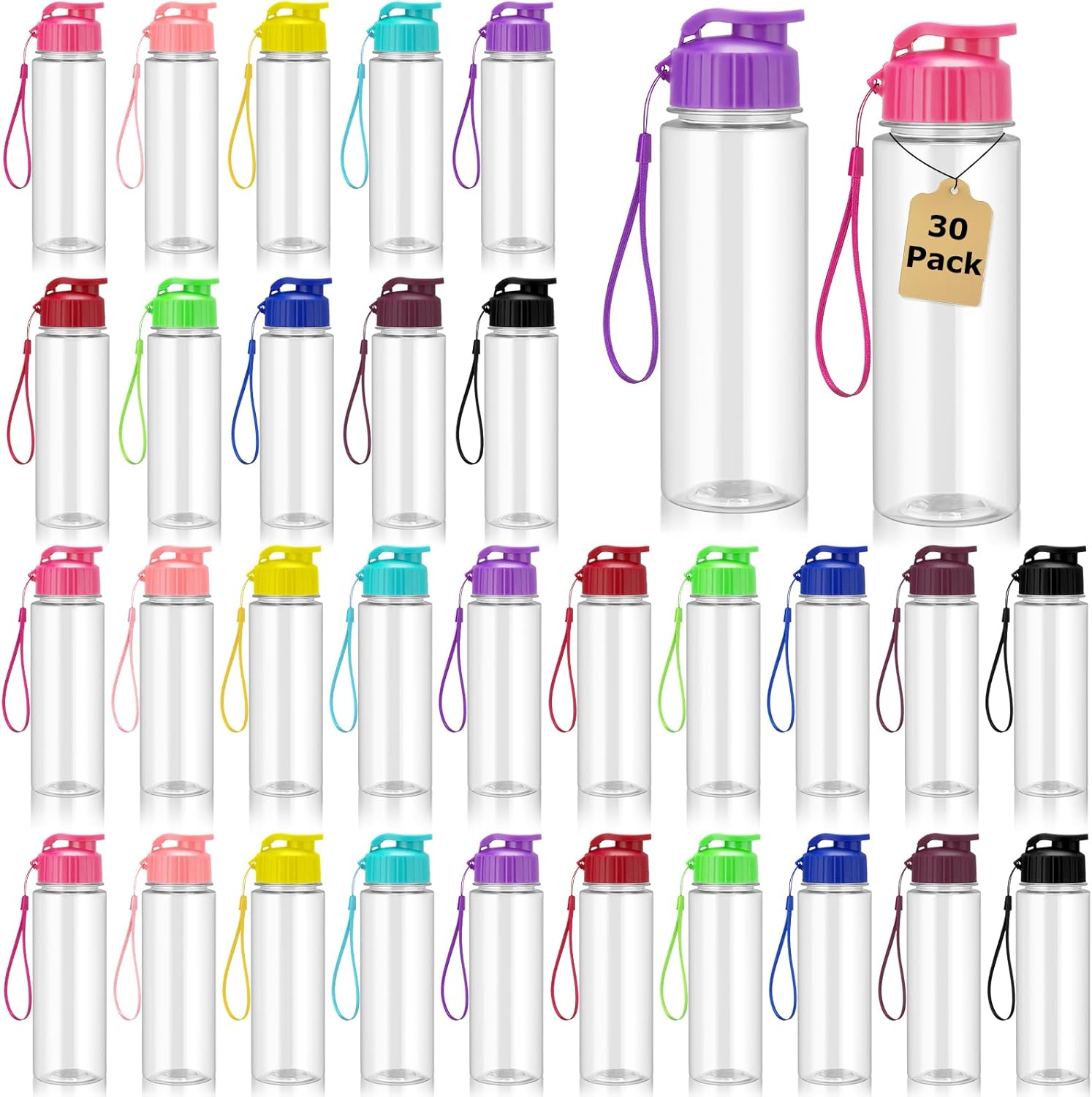 30 Pack Water Bottles Bulk 18.5oz Plastic Sports Water Bottles Bulk Leak Proof with Pull Top Cap Reusable Large Bottles for Gym Travel Office School Classroom Prizes Goodie Bag