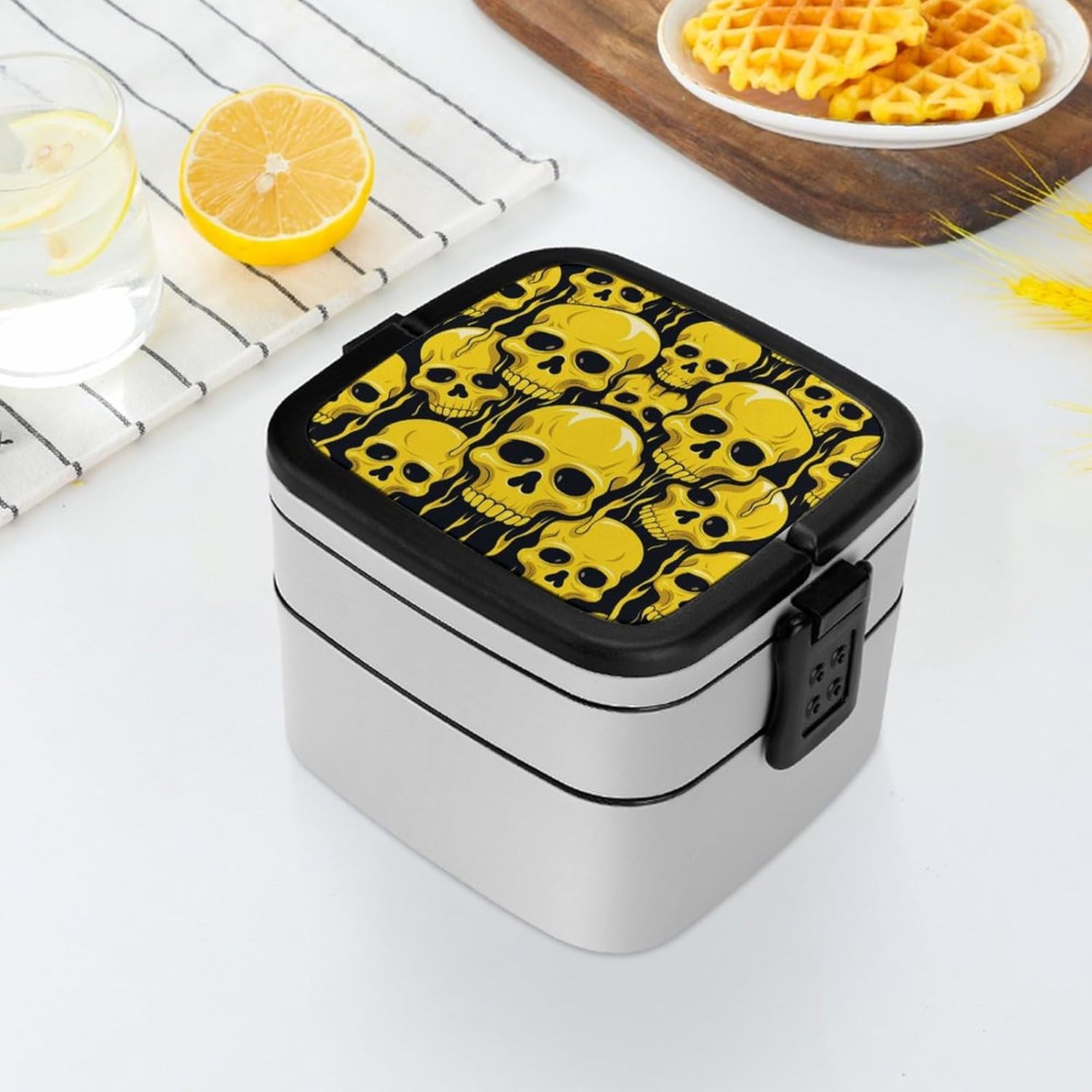 Adults Lunch Box Adult Bento Box Stackable Bento Box BPA-Free Yellow Skull Lunch Box Food Container Ideal for Meal Prep, Work, And On The Go