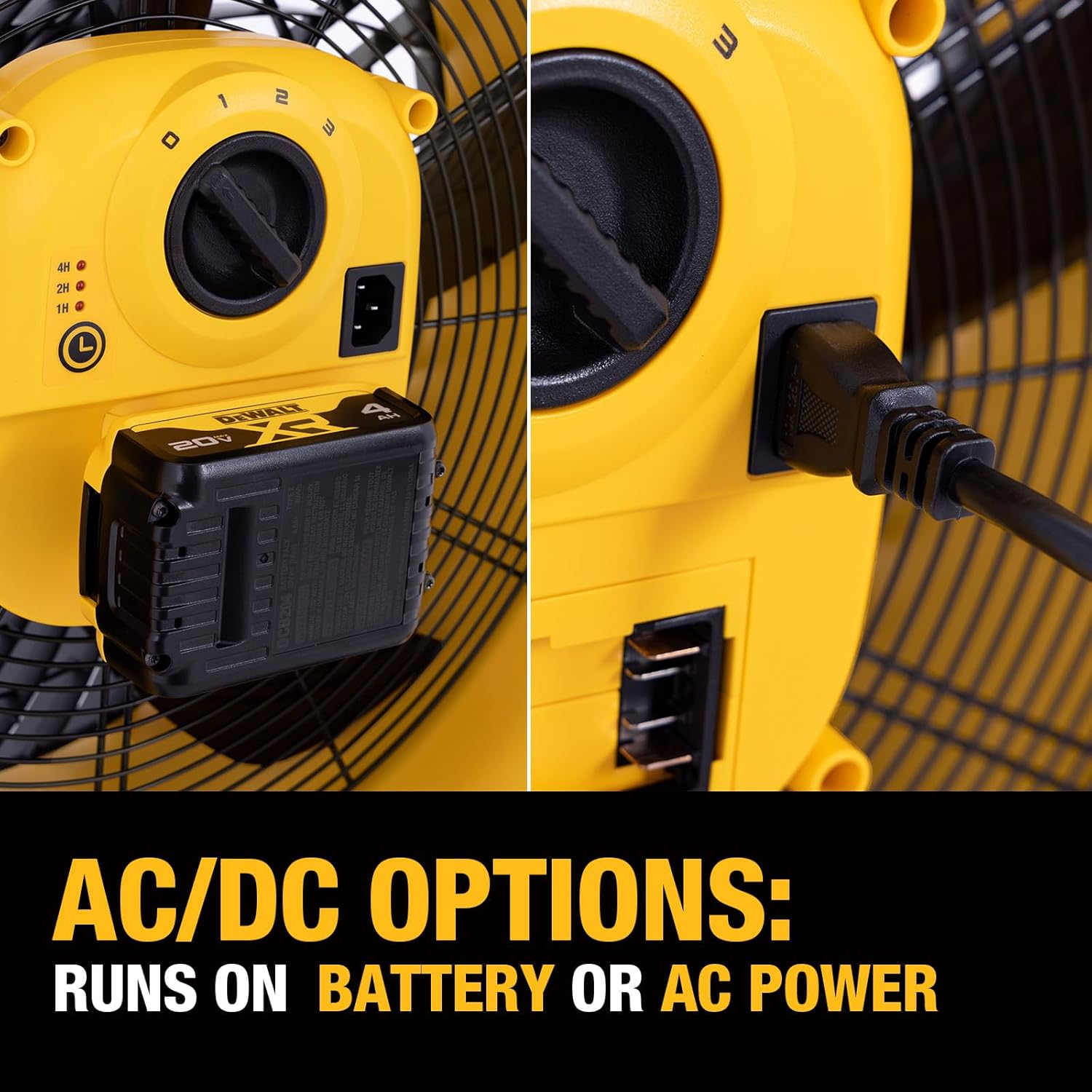 DEWALT Industrial High-Velocity Floor Fan AC/DC Dual Power Supply, 270° Adjustable Tilt Design 3-Speed 4000 CFM 6 ft Cord 18-Inch Barrel Fan, DXF1850B (Tool Only)