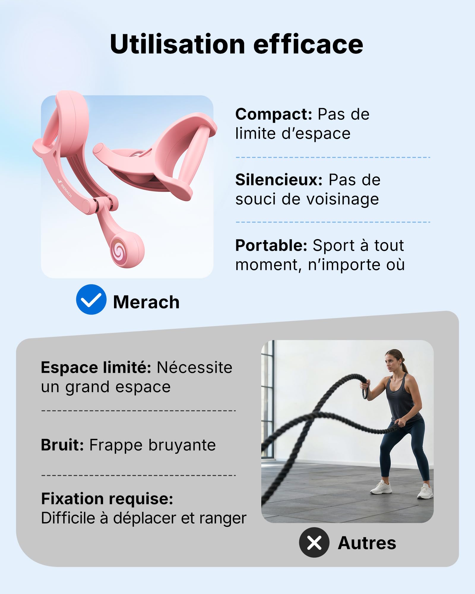 MERACH Ropeless Battle Ropes, Corde d’entraînement sans Fil, Muscle Les Bras, Gainage & Corps Entier, Idéal pour Le Fitness Débutant et la Rééducation, Silencieux & Portable - Rose (Lot de 2)