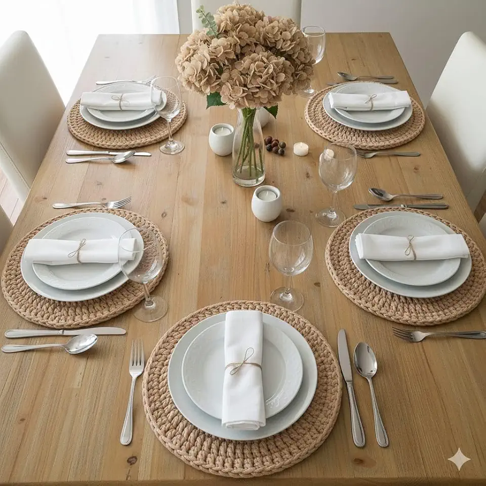 Kit Jogo Americano com 5 unidades, Fio de Malha, Cor Bege - Afaty Ateliê